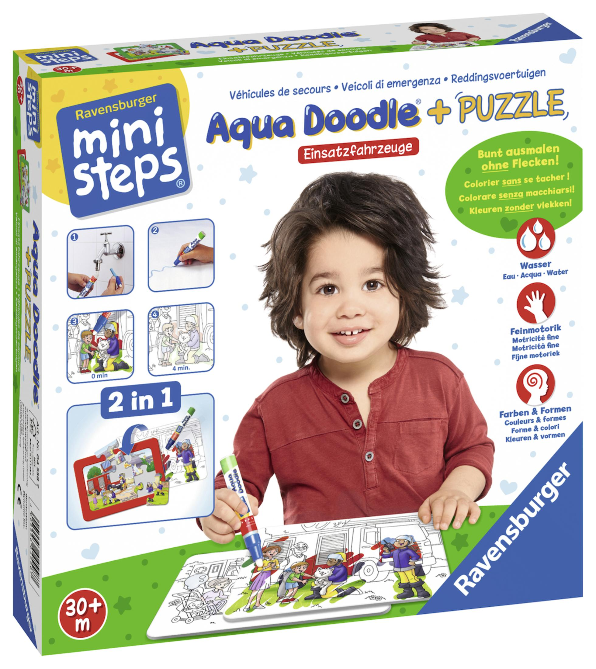 Ein Kind hält eine Zeichenkastenbox mit einer Zeichnung eines Autos und einem Puzzle.