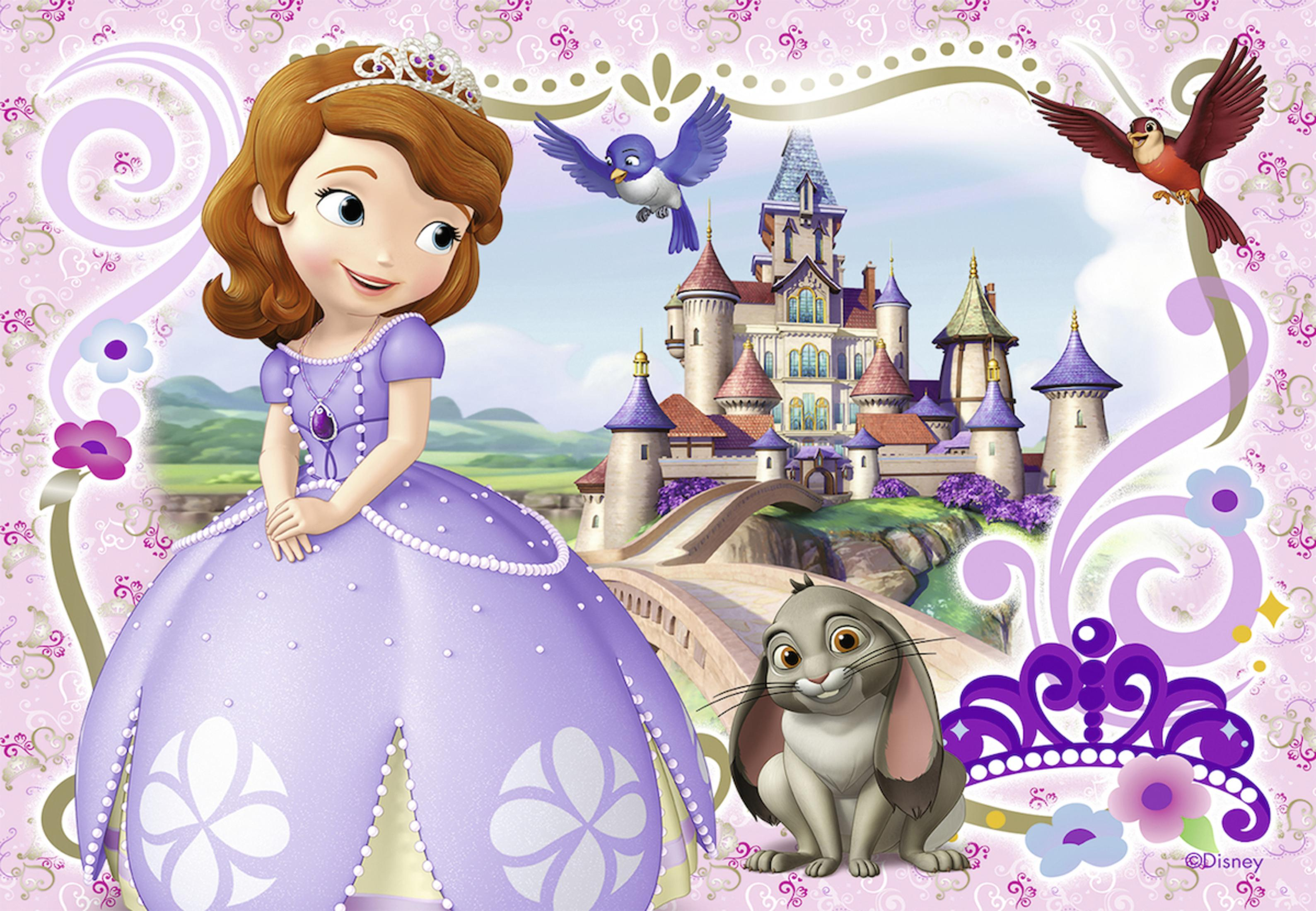 Sofia die Erste Cartoon mit Figuren und einem Schloss im Hintergrund.