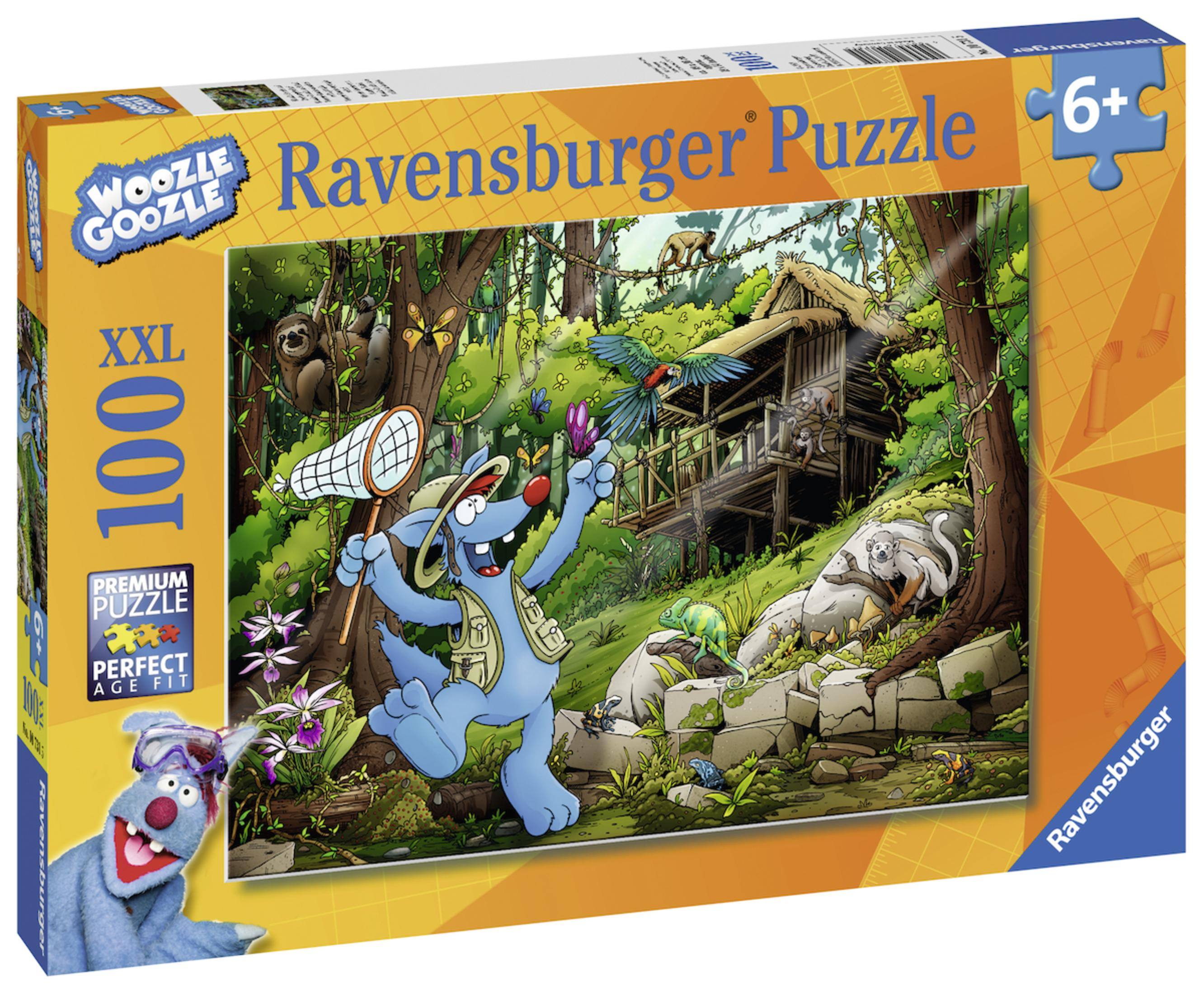 Puzzledose mit einem Zeichentrickhund, der Schmetterlinge in einer Dschungelkulisse fängt.