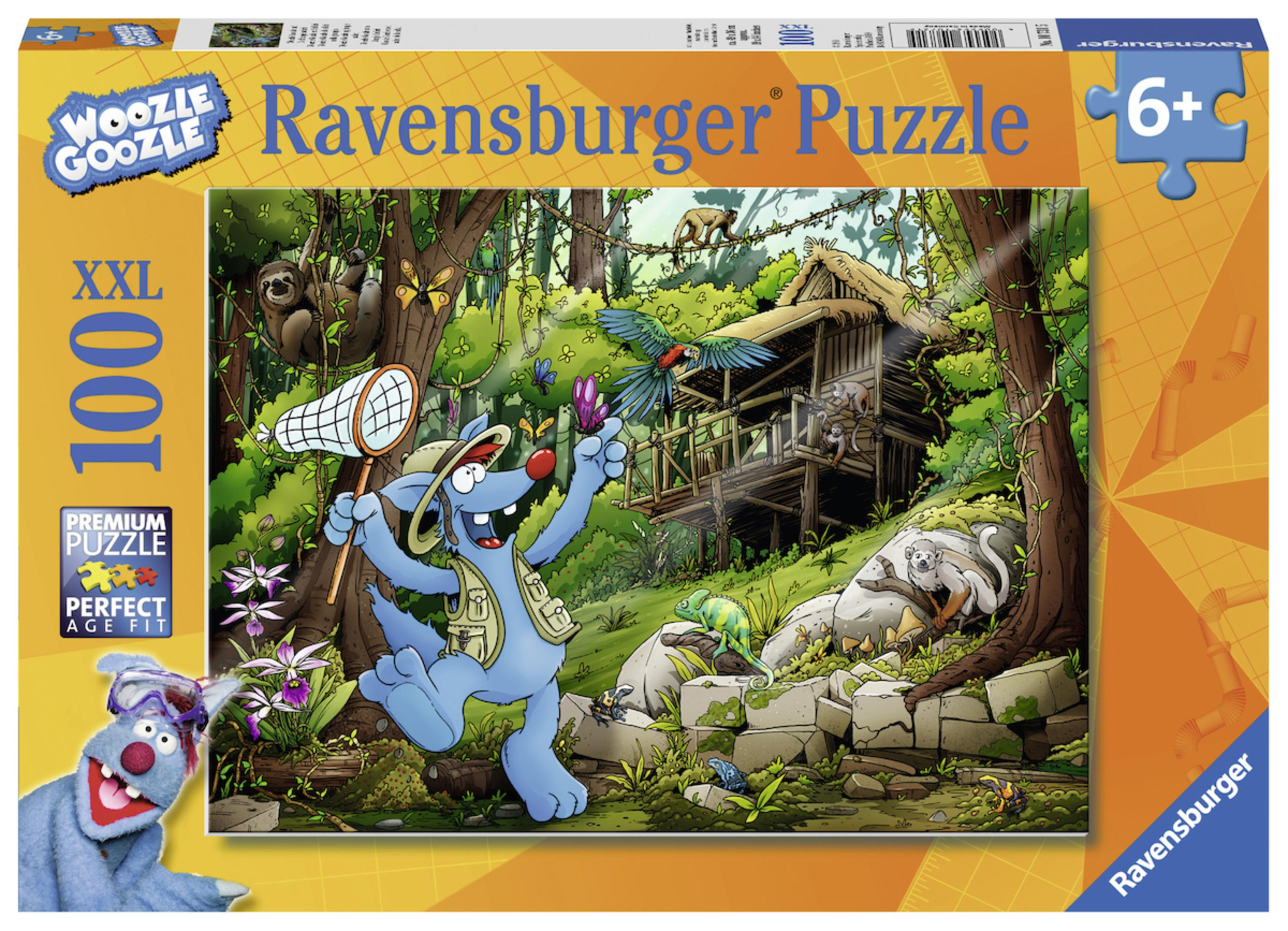 Puzzelbox mit einem Cartoonbild eines Hundes in einer Dschungelszene.