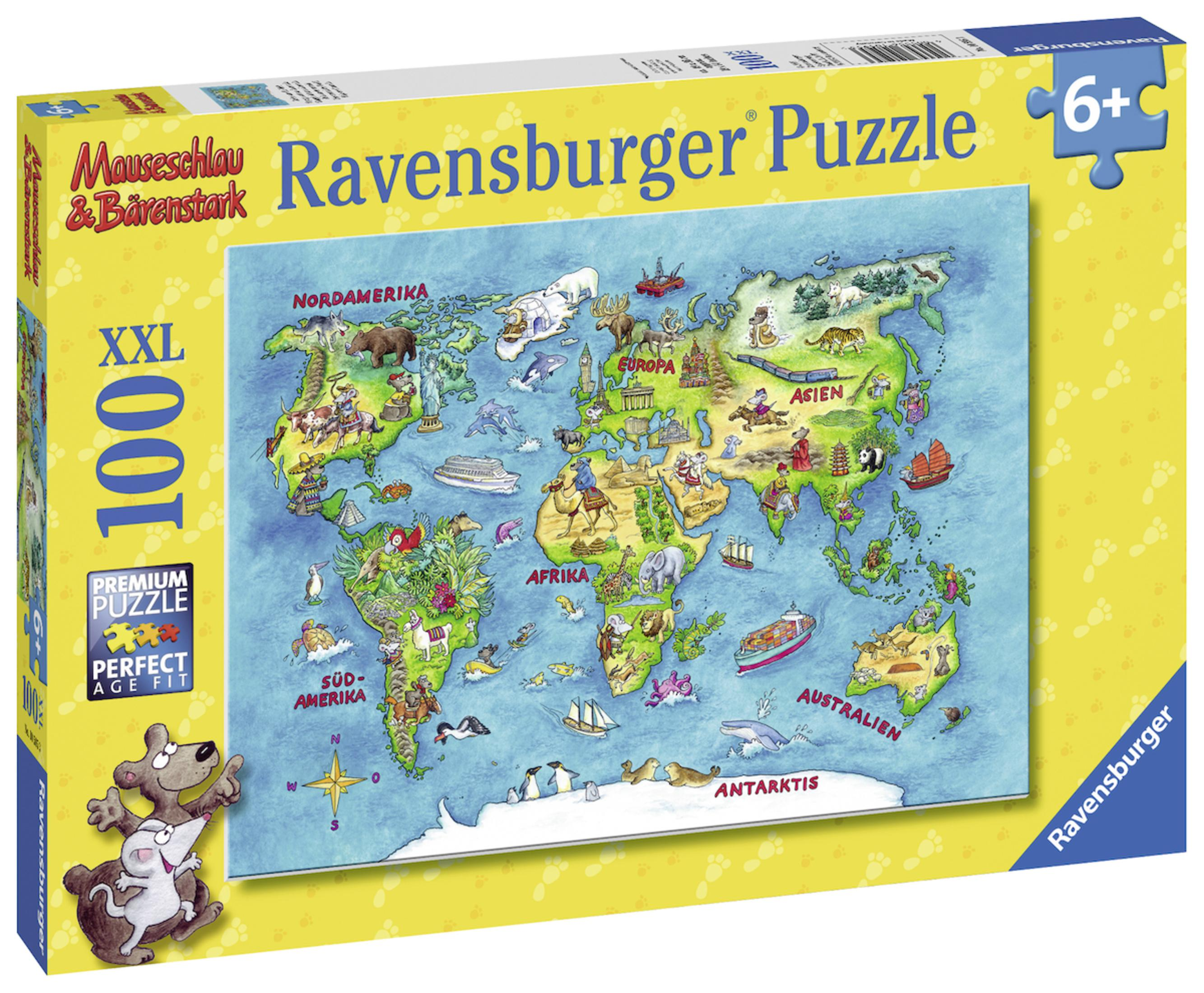 Ein farbenfrohes Weltkarten-Puzzle in einer Box. Die Box hat den Markennamen Ravensburger.