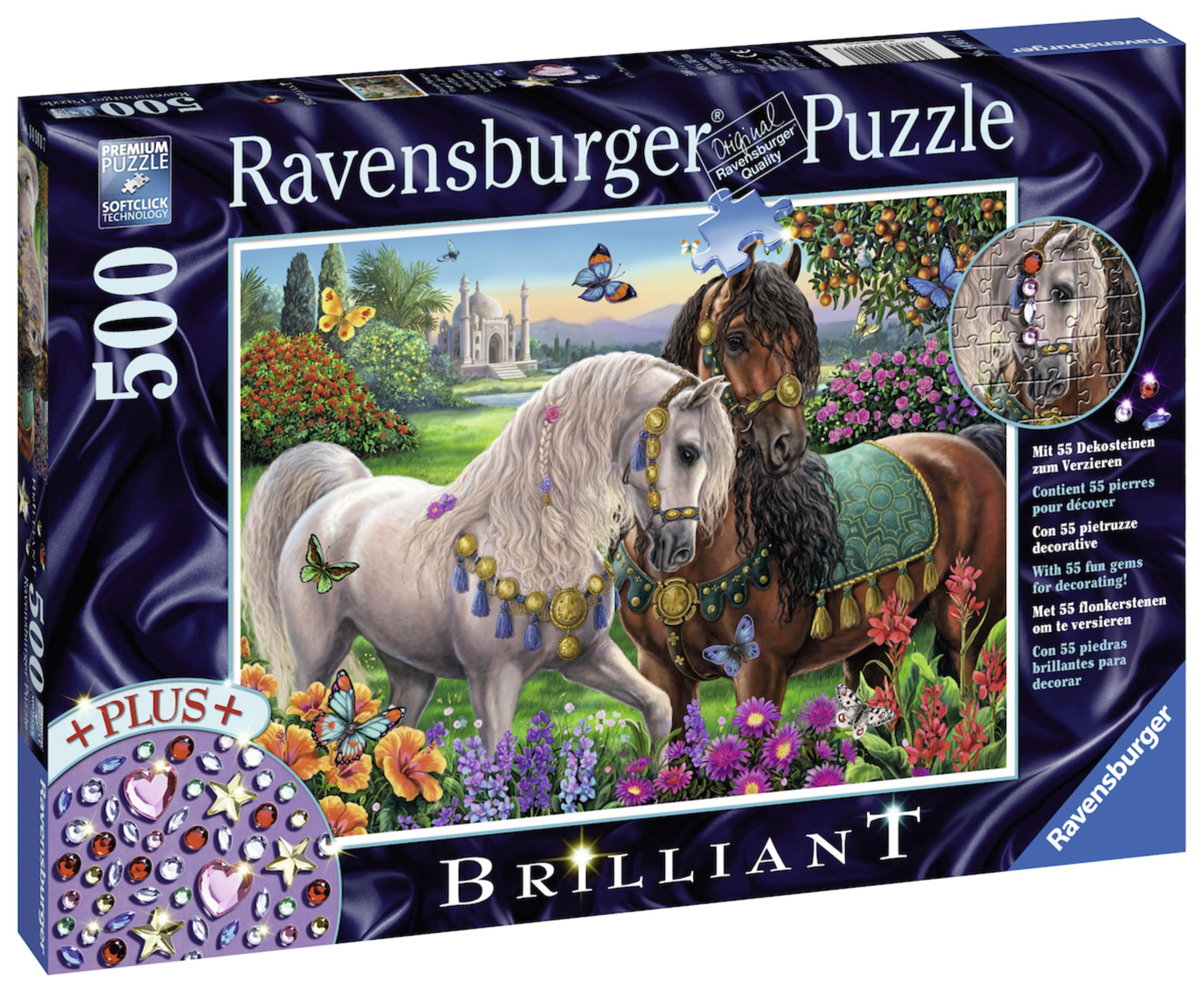 Ein Ravensburger-Puzzlekarton mit zwei Pferden, Schmetterlingen und dekorativen Edelsteinen.