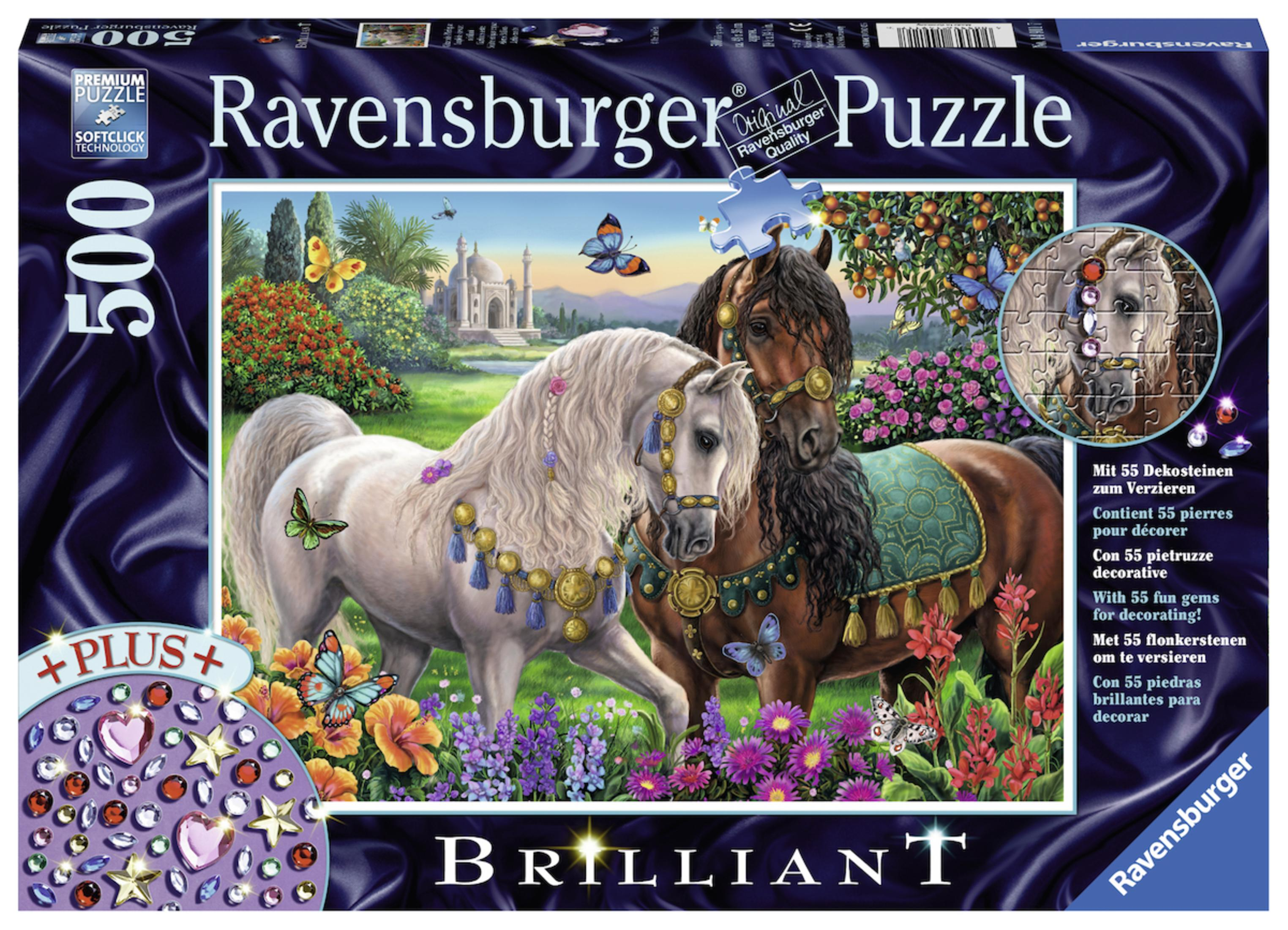 Puzzleschachtel mit Pferden, Schmetterlingen, Blumen und Edelsteinen. Ravensburger, 500 Teile.