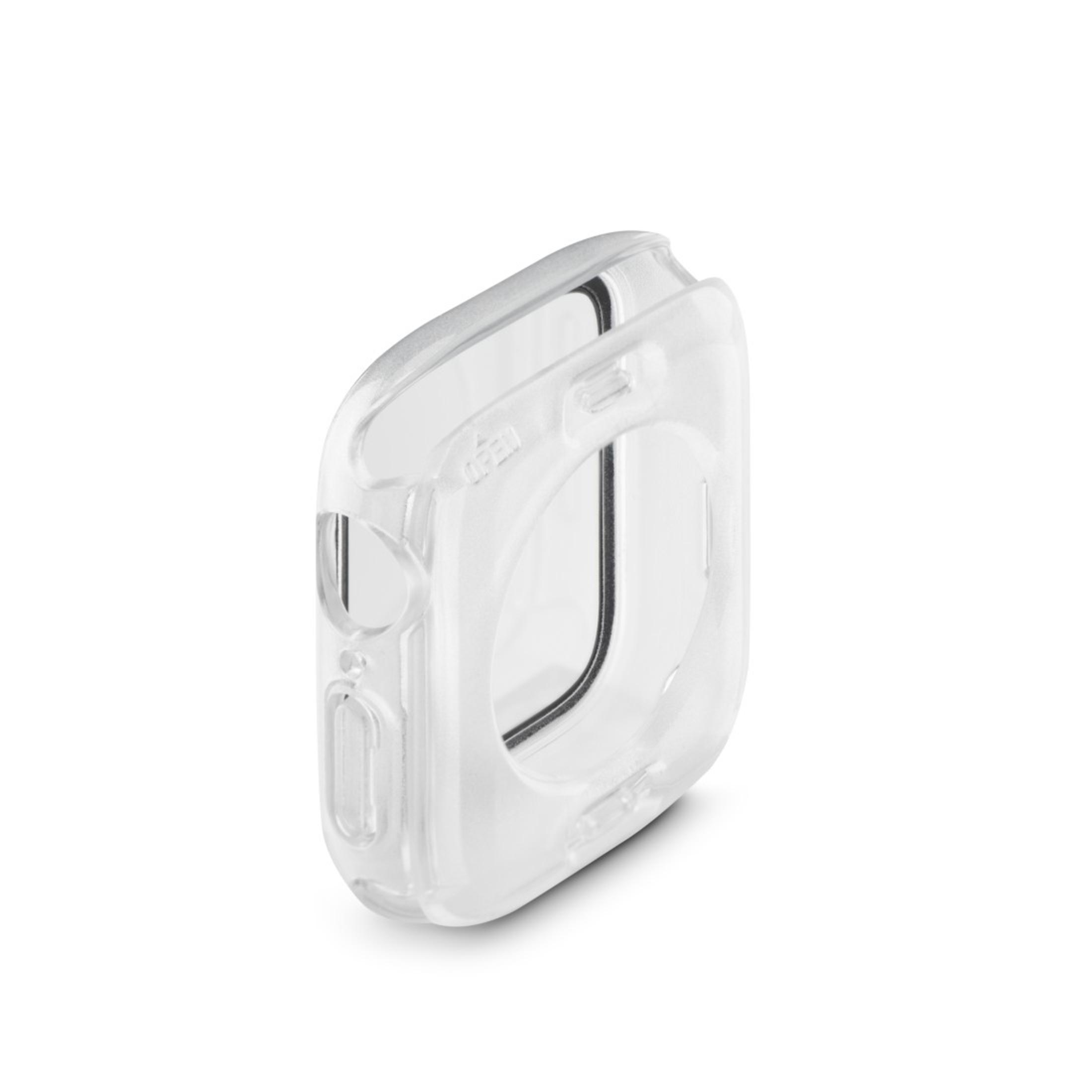 Coque transparente pour Apple Watch, vue d'un angle. La coque est sur fond blanc.