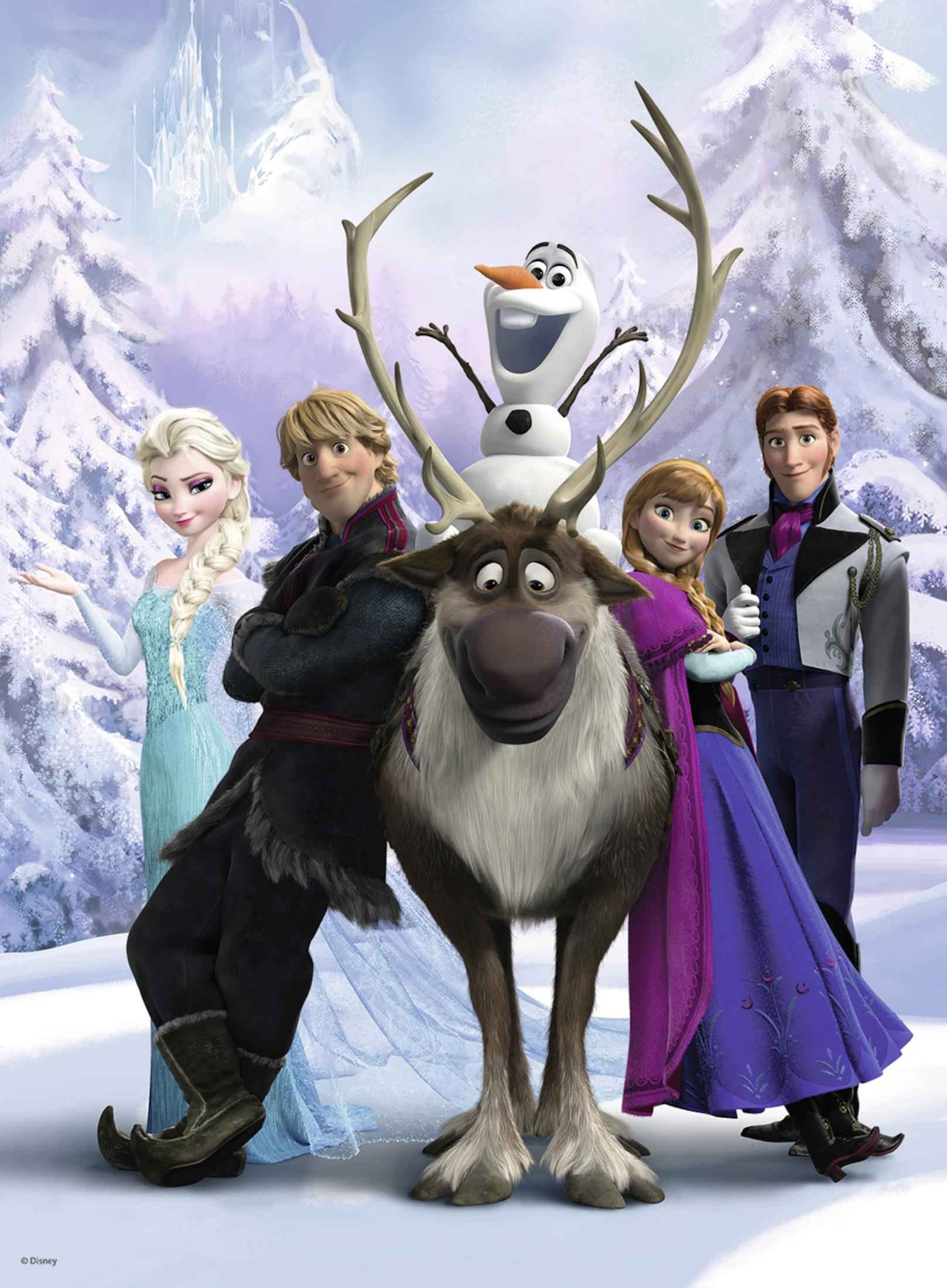 Die Frozen-Figuren stehen zusammen, darunter Elsa, Anna, Kristoff, Sven das Rentier und Hans.