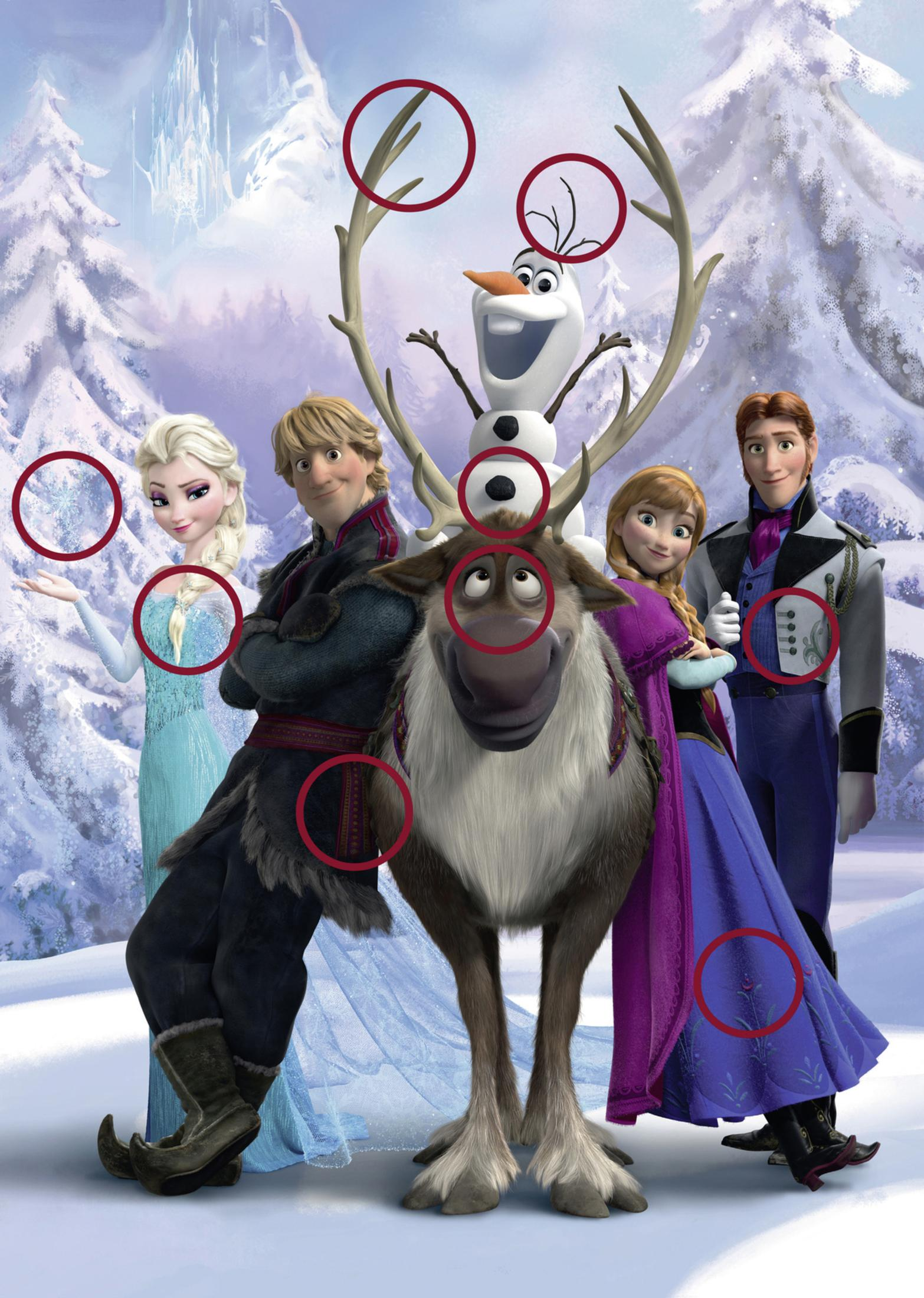 Frozen-Charaktere mit roten Kreisen. Elsa, Anna, Kristoff, Olaf und Sven.