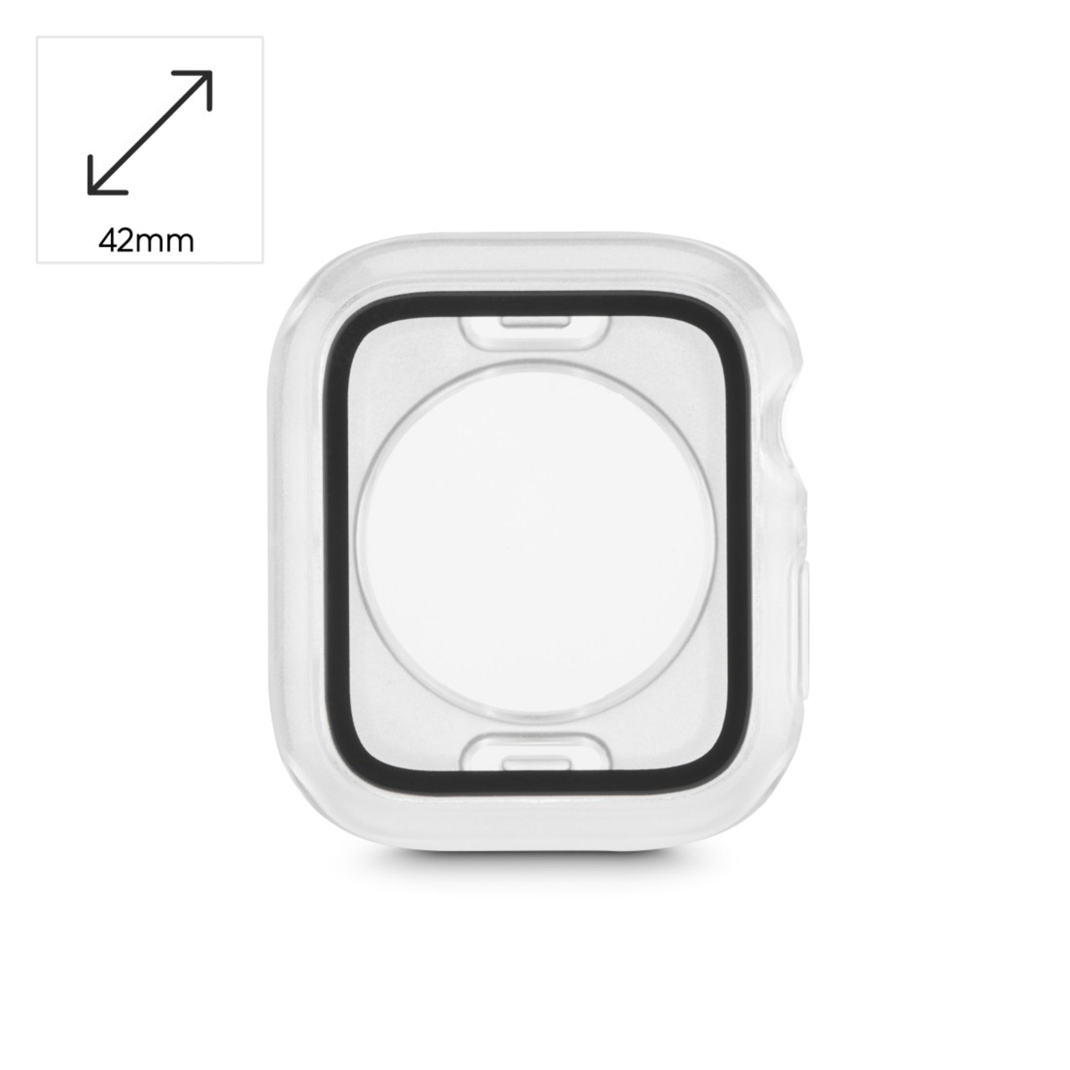 Boîtier de montre transparent avec bord noir. Icône de 42 mm dans le coin supérieur gauche.