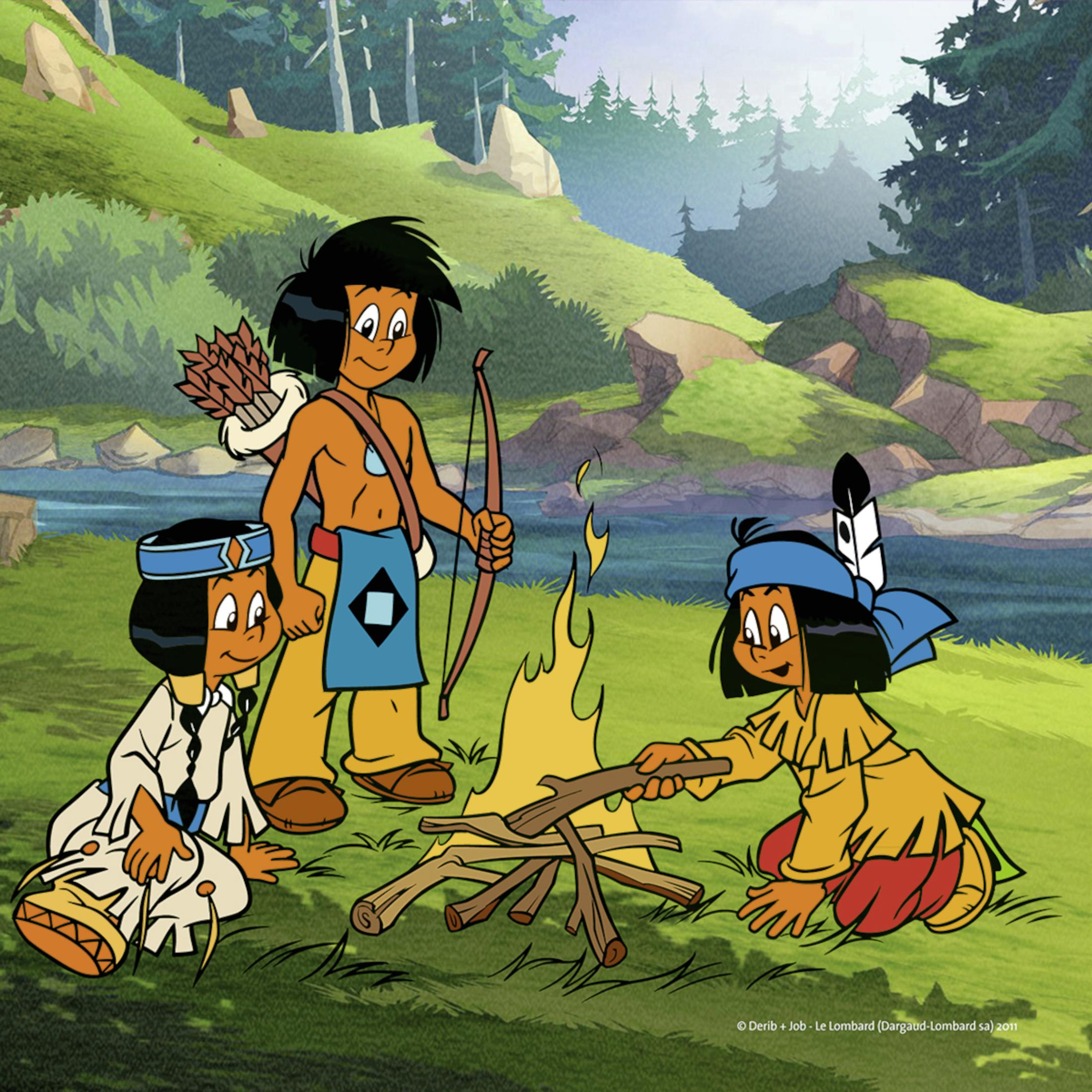 Cartoonbild von drei indianischen Kindern am Lagerfeuer in einer Waldlandschaft.