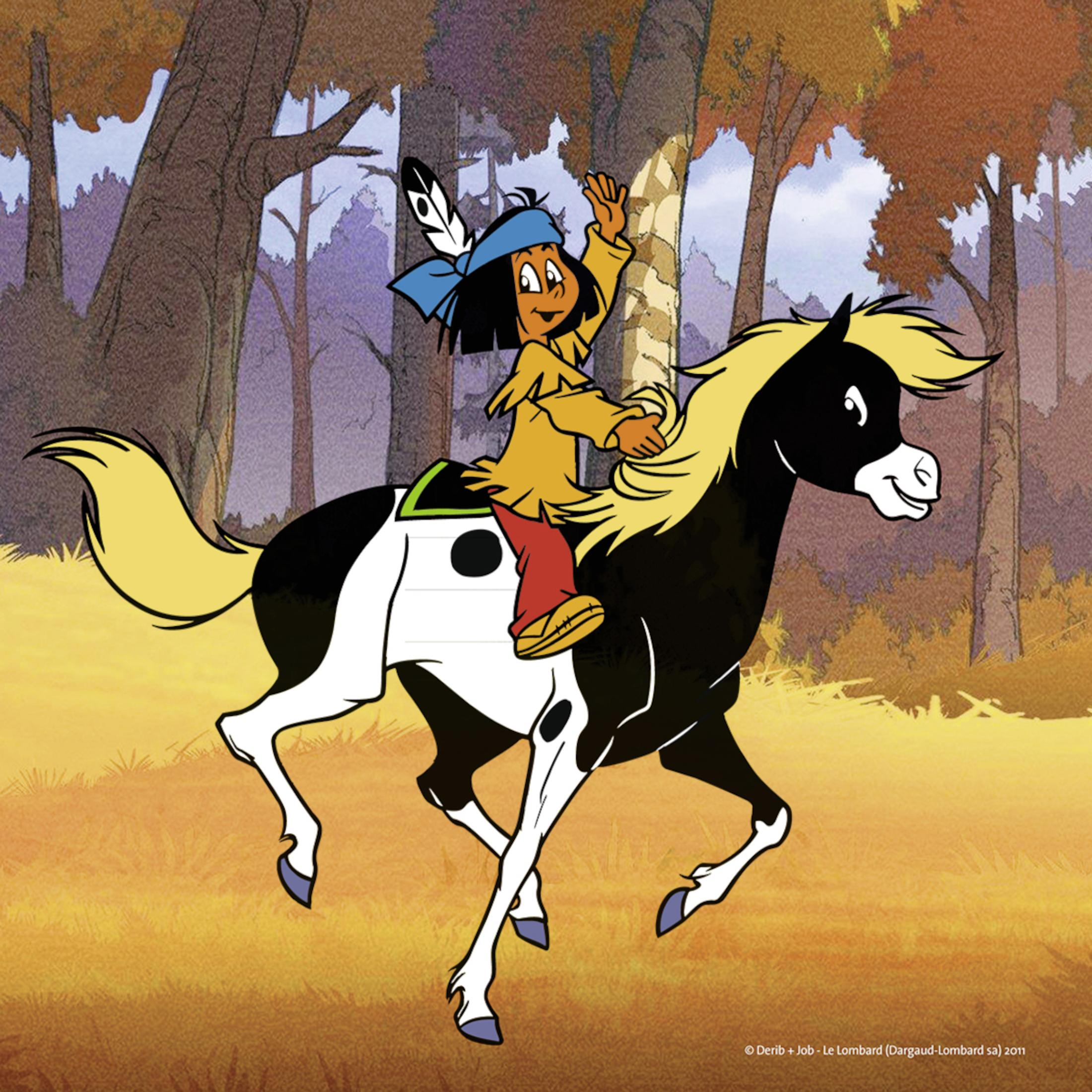 Cartoon eines indianischen Jungen auf einem Pferd mit Waldhintergrund.