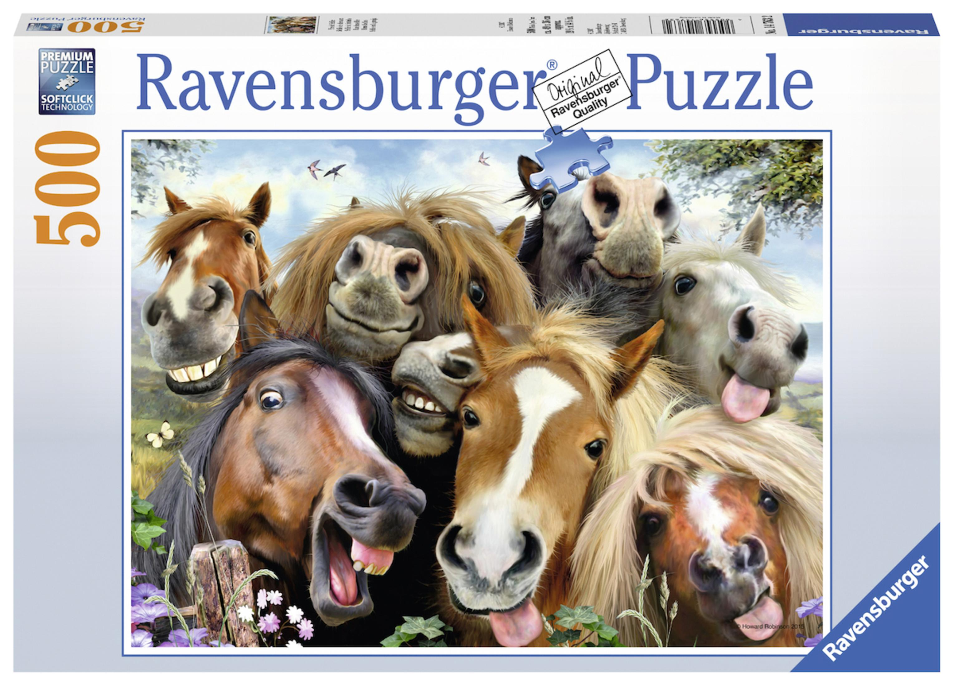 Puzzleschachtel mit einer Gruppe Zeichentrickpferde, die lächeln und Zungen rausstrecken.