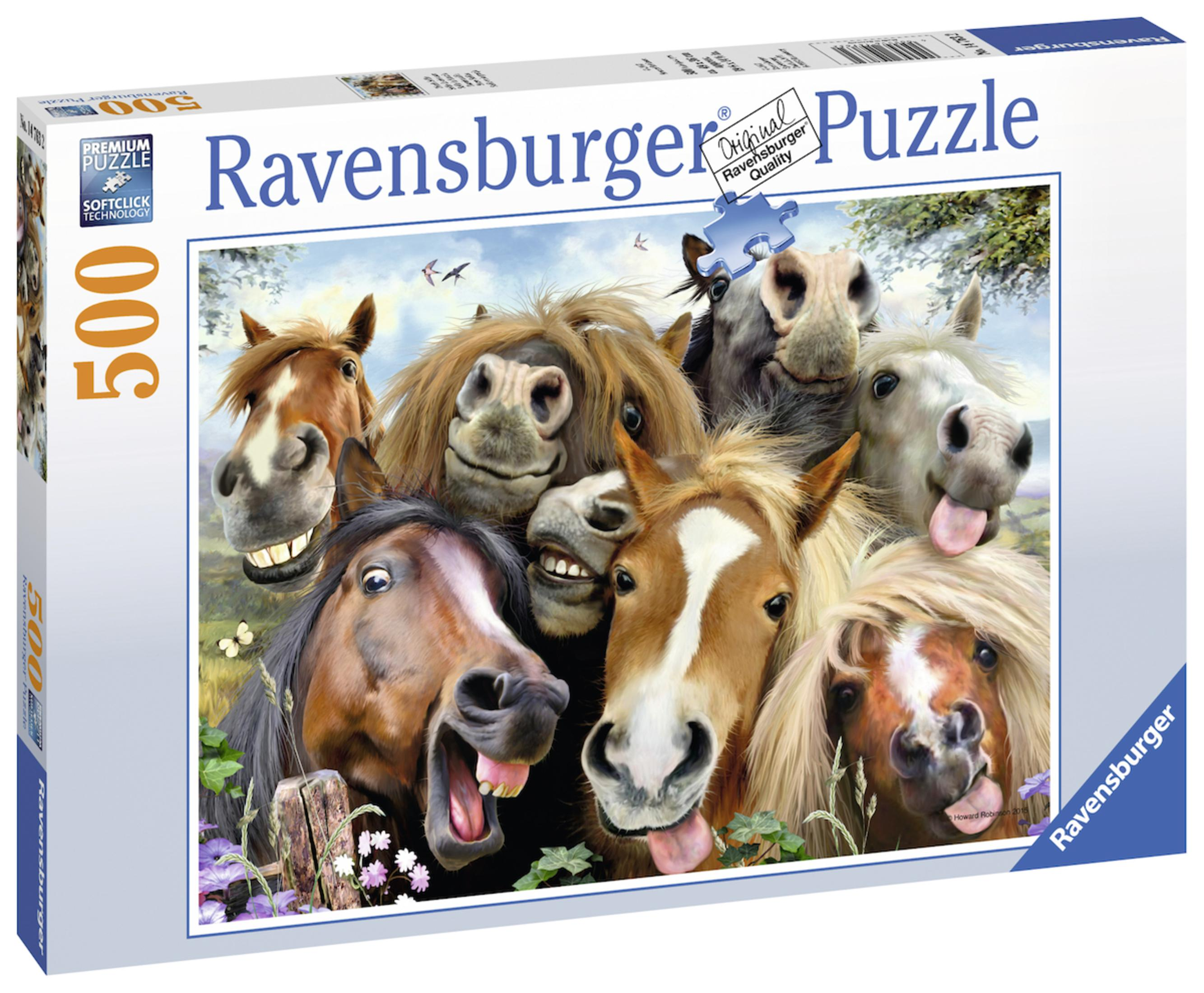 Puzzelbox zeigt eine Gruppe lächelnder Pferde mit albernen Gesichtern.