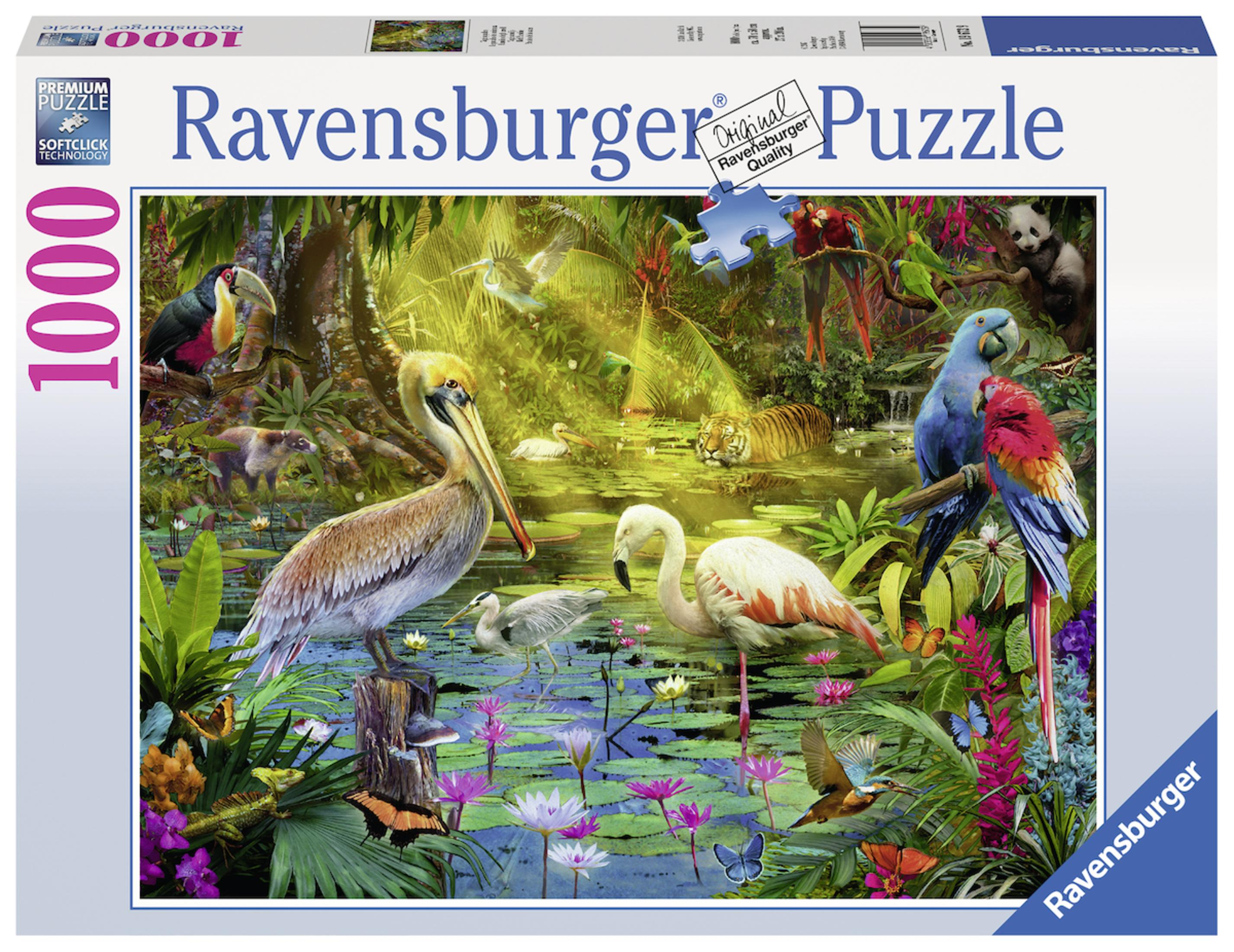 Fertiges Puzzle mit einer Dschungelszene, mit Tieren, Blumen und Wasser.