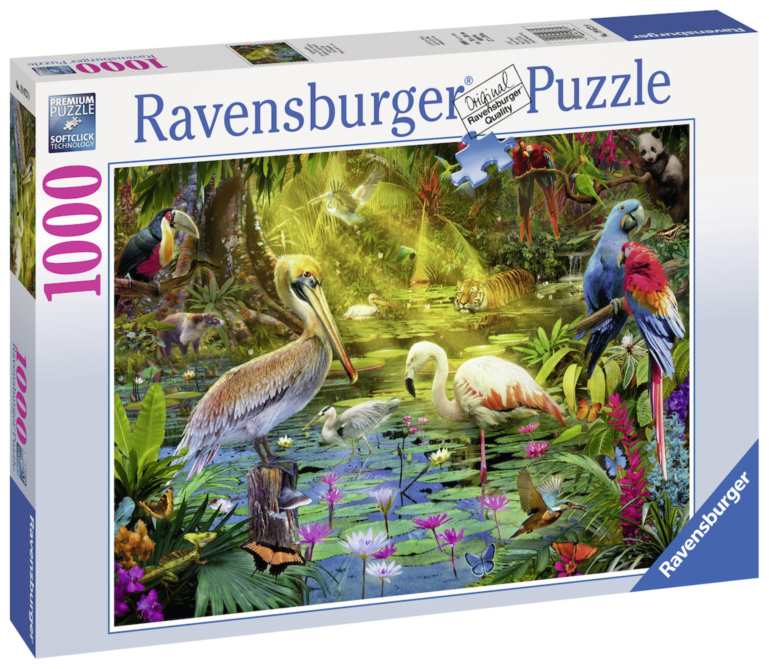 Puzzledose mit Dschungel-Szene: Papageien, Pelikane, ein Tiger und ein Pool mit Blumen.