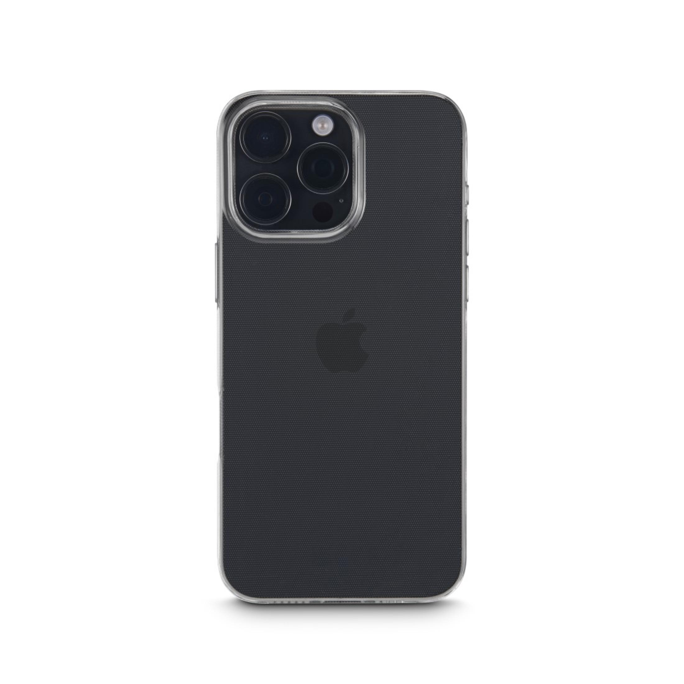 Custodia nera per telefono con bordo trasparente. Il telefono ha 3 fotocamere posteriori.