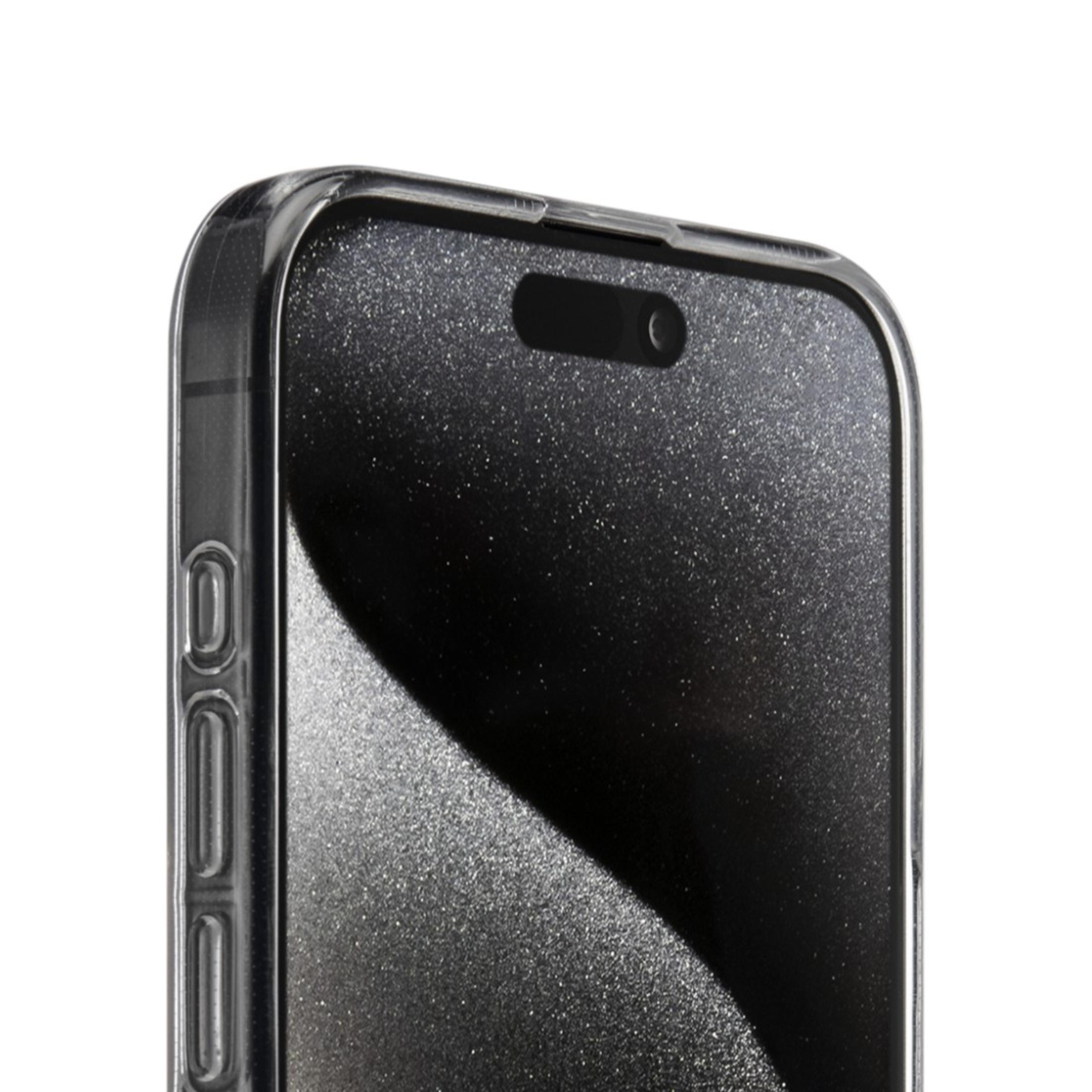 Primo piano di uno smartphone con custodia trasparente, lente della fotocamera e display frontale.