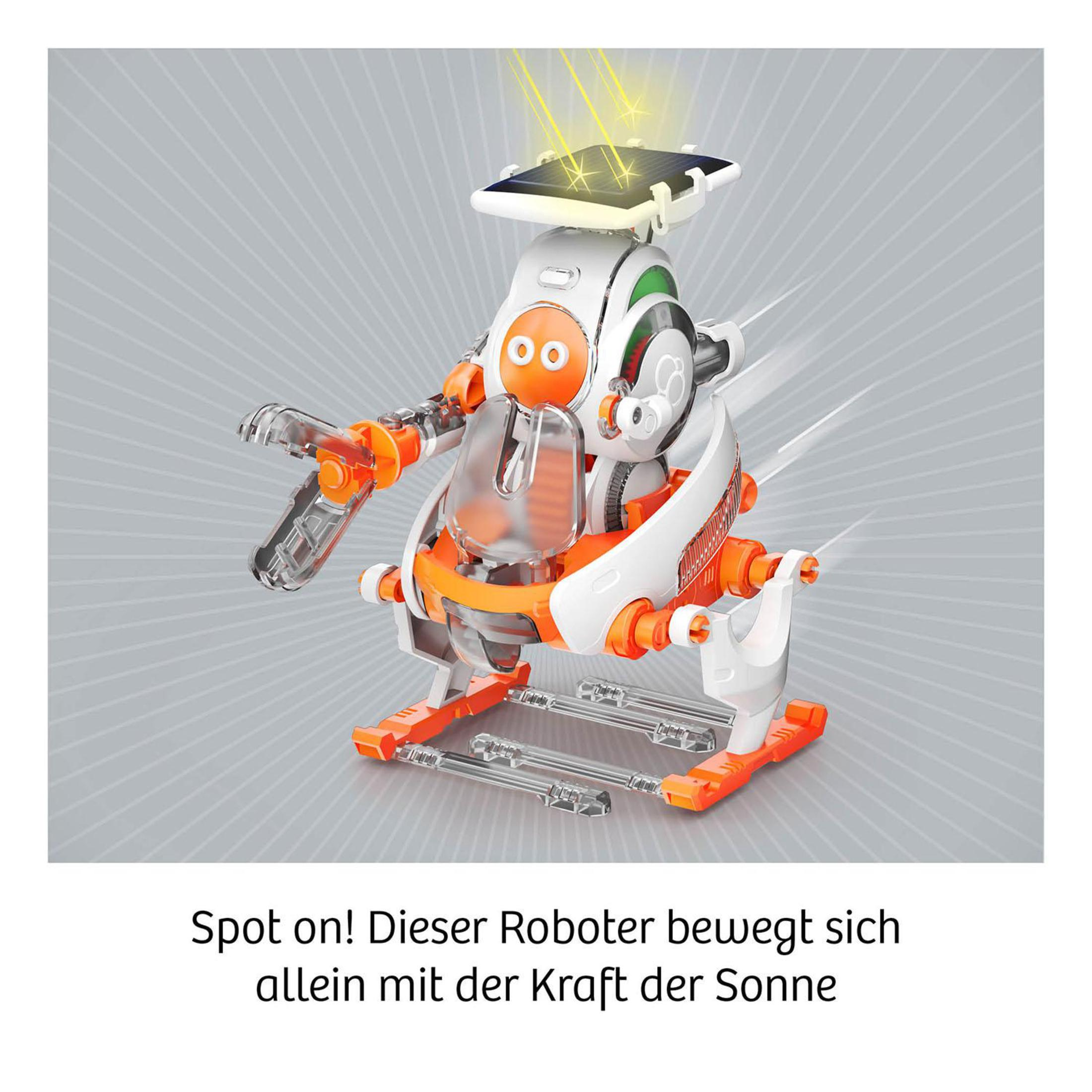 Weiß-oranger Roboter mit Solarpanel. Es ist ein Spielzeug.