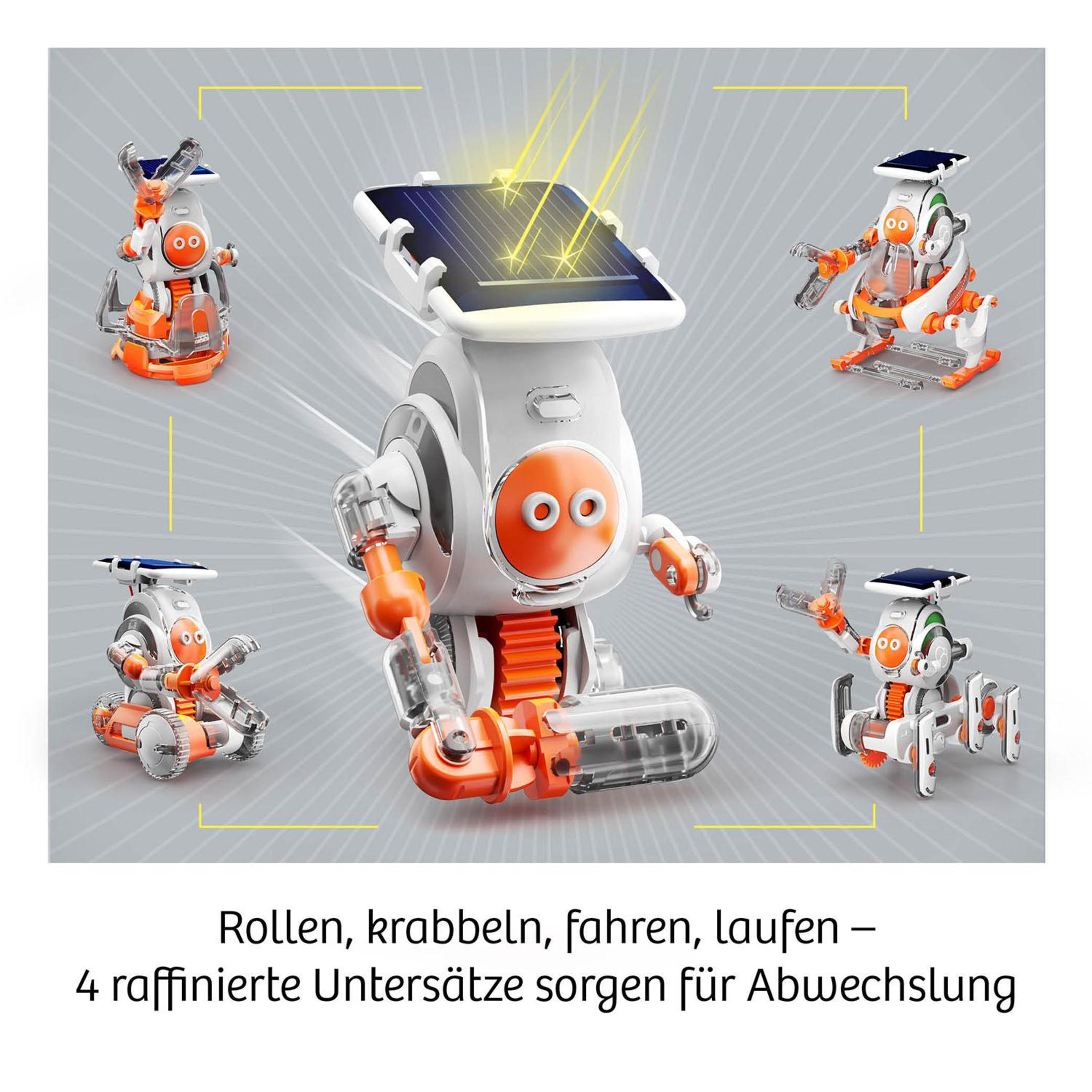 Roboter in verschiedenen Formen, mit Solarpanelen und orangefarbenen Akzenten.