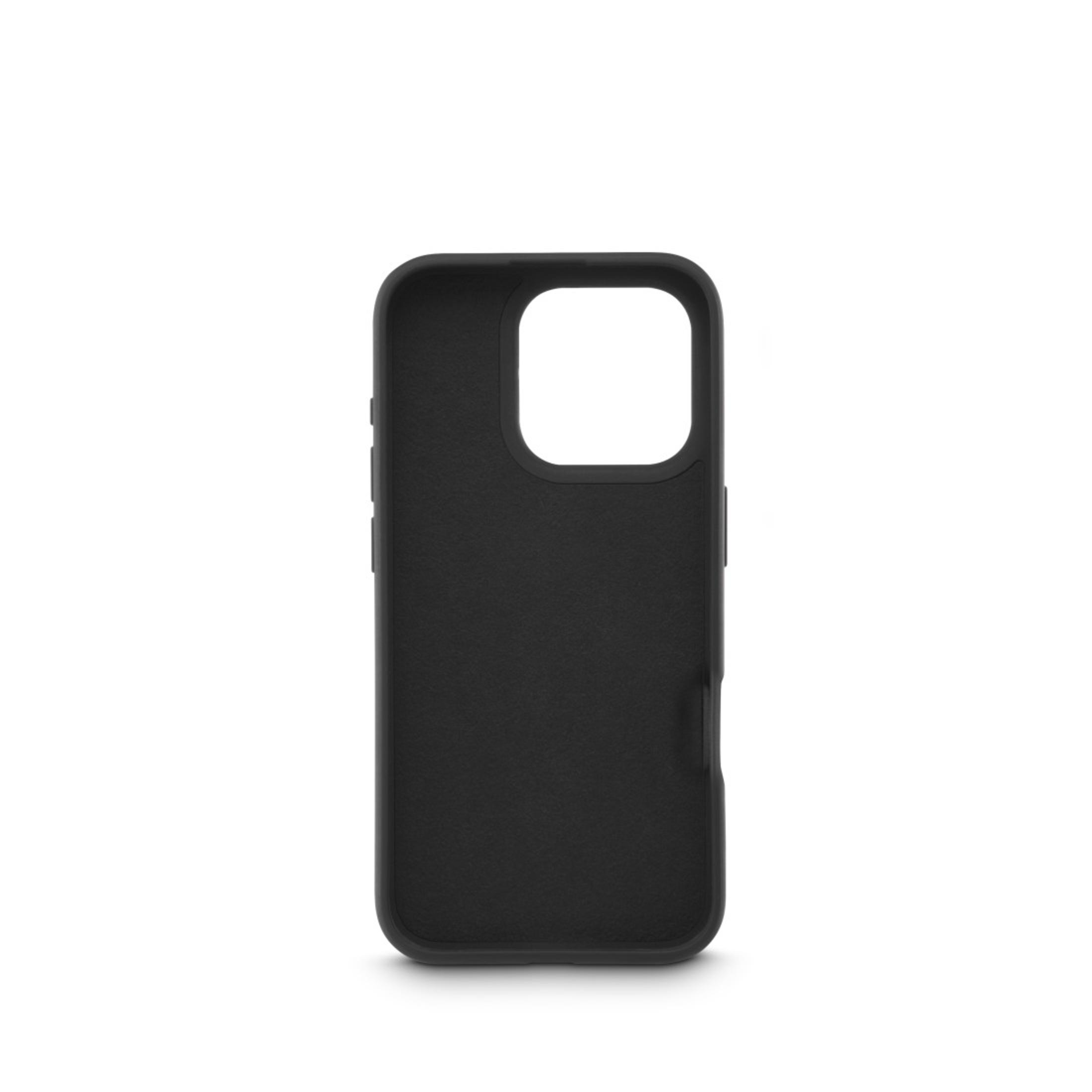 Una custodia nera per telefono con un ritaglio per la fotocamera su sfondo bianco.