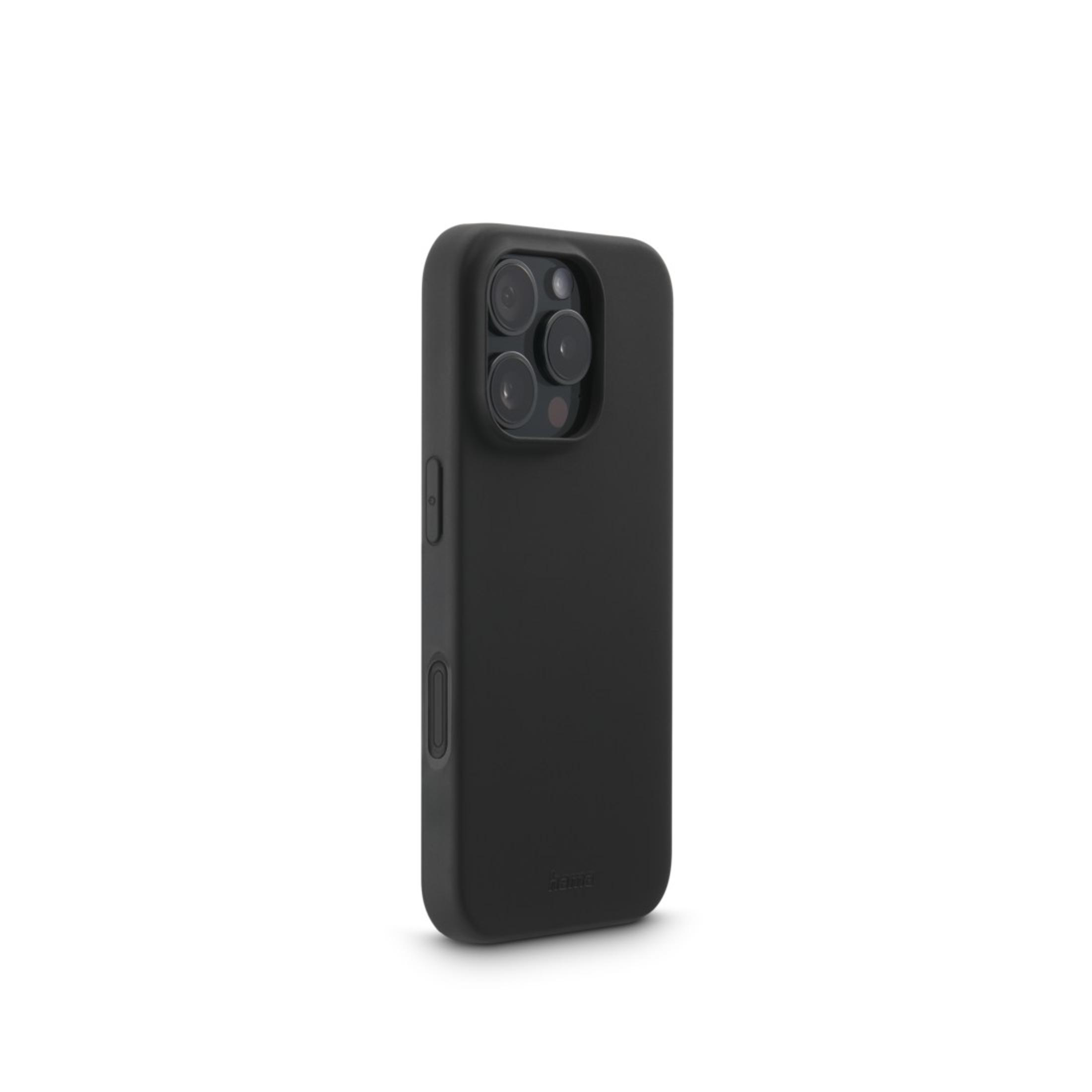 Custodia per telefono nera con tre obiettivi della fotocamera su sfondo bianco.