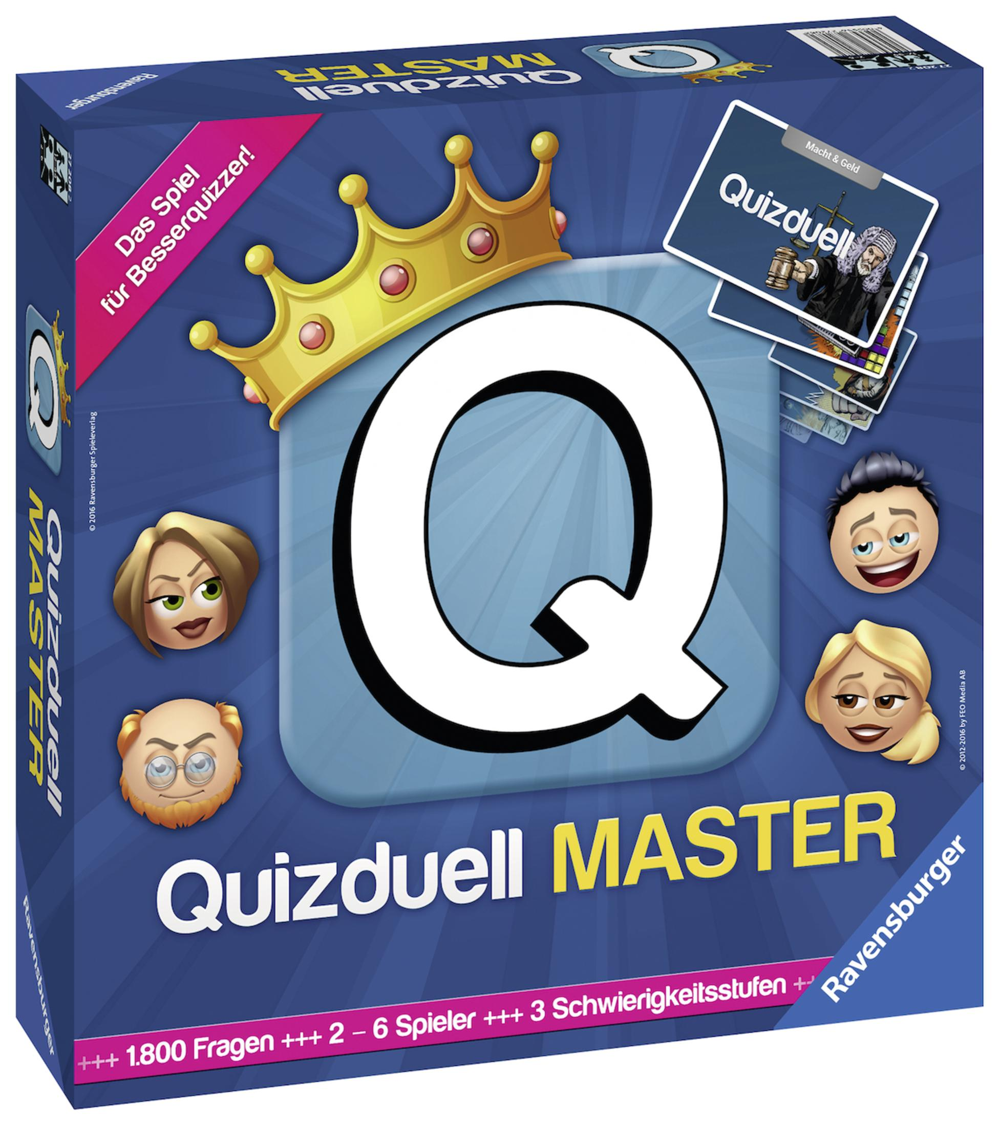 Quizduell Master Brettspielbox. Es zeigt ein großes Q, Spielsteine und eine Krone.