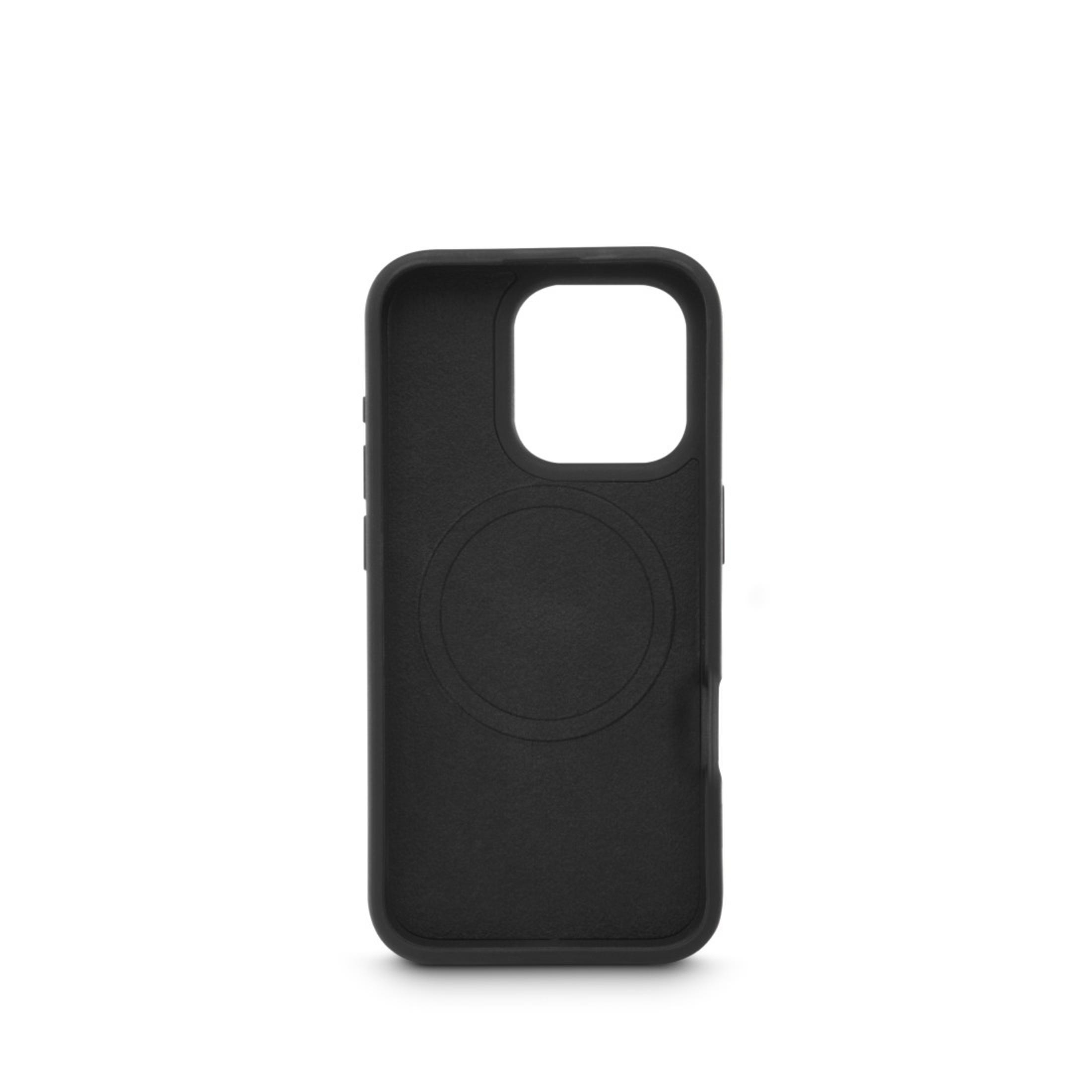 Custodia nera per telefono con ritaglio per fotocamera e pulsanti, un cerchio all'interno.