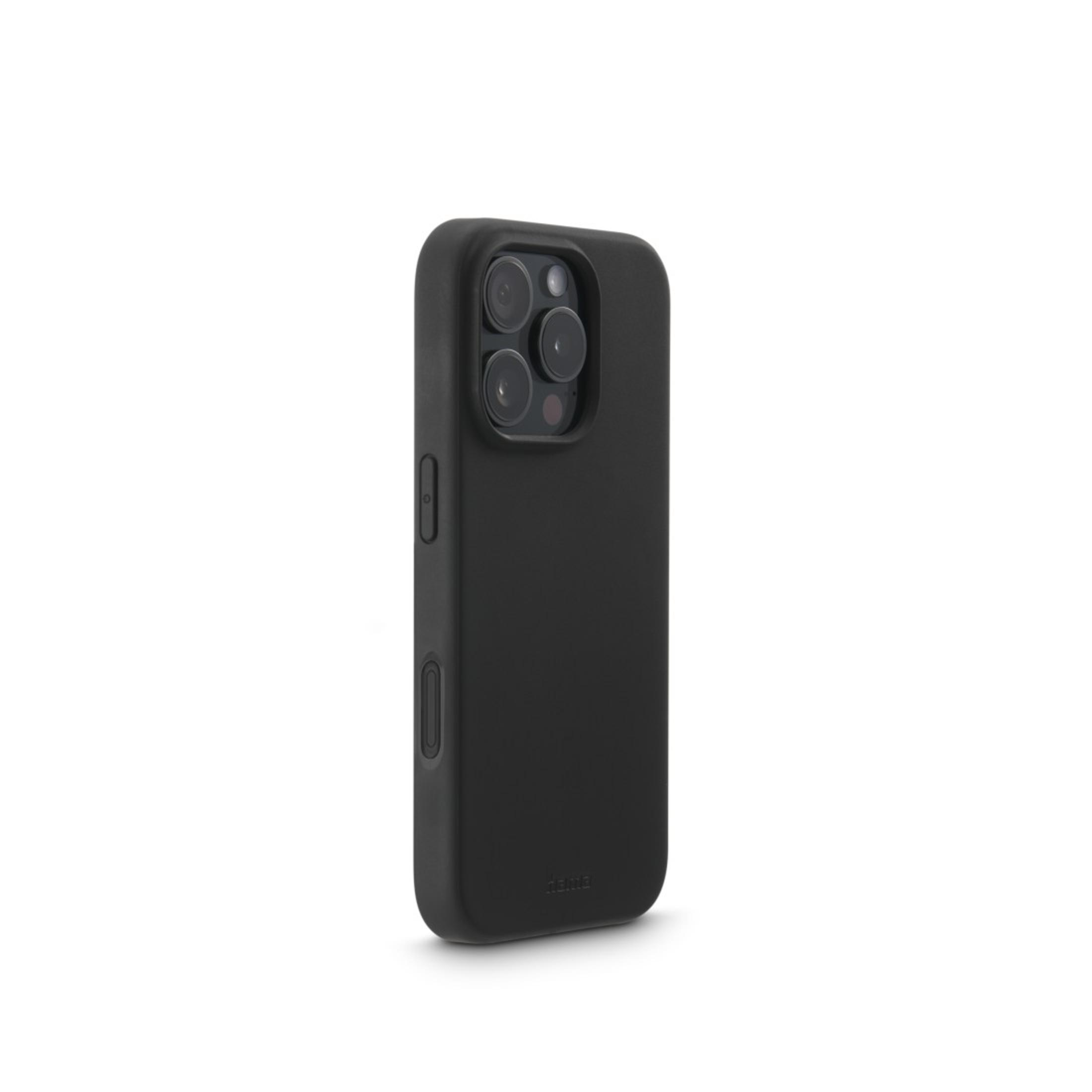 Una custodia nera per telefono con ritagli per la fotocamera, su sfondo bianco.
