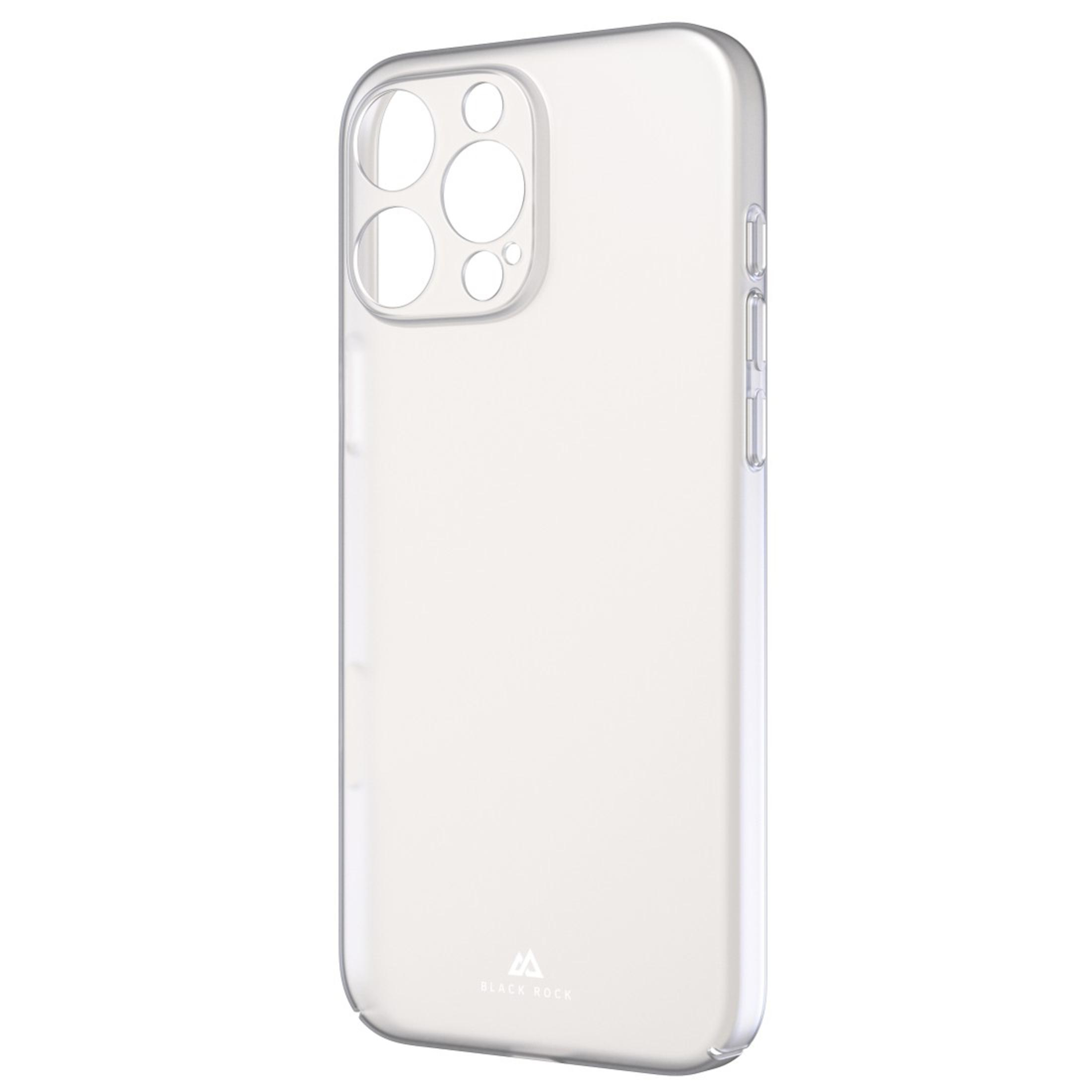 Una custodia trasparente per telefono su sfondo bianco. Ha ritagli per fotocamera e pulsanti.