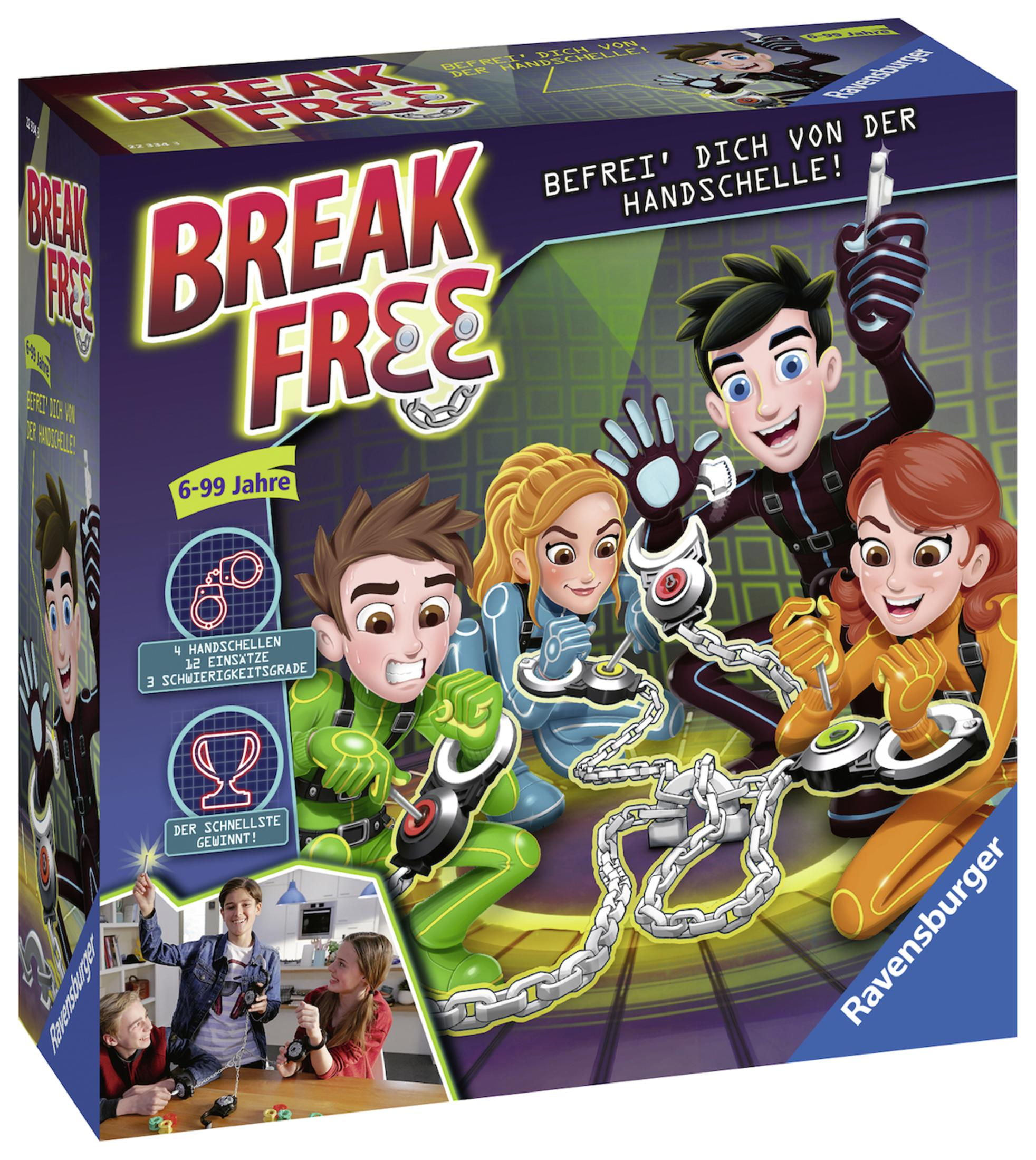 Verpacktes Brettspiel "Break Free" mit Cartoon-Charakteren und Spielelementen. Text auf Englisch und Deutsch.