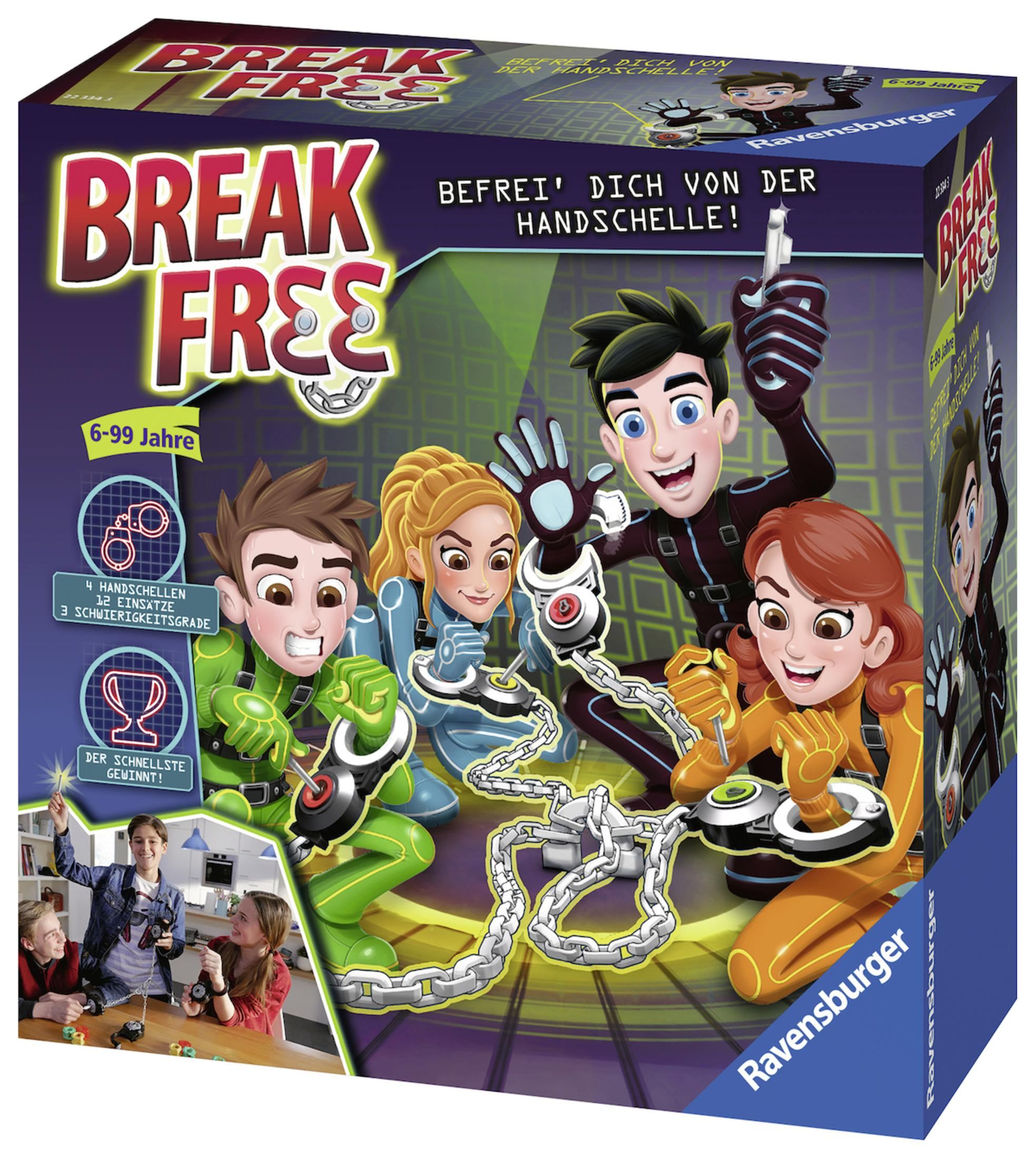 Eine Brettspielbox mit Illustrationen von Personen in Handschellen, mit dem Spieletitel.