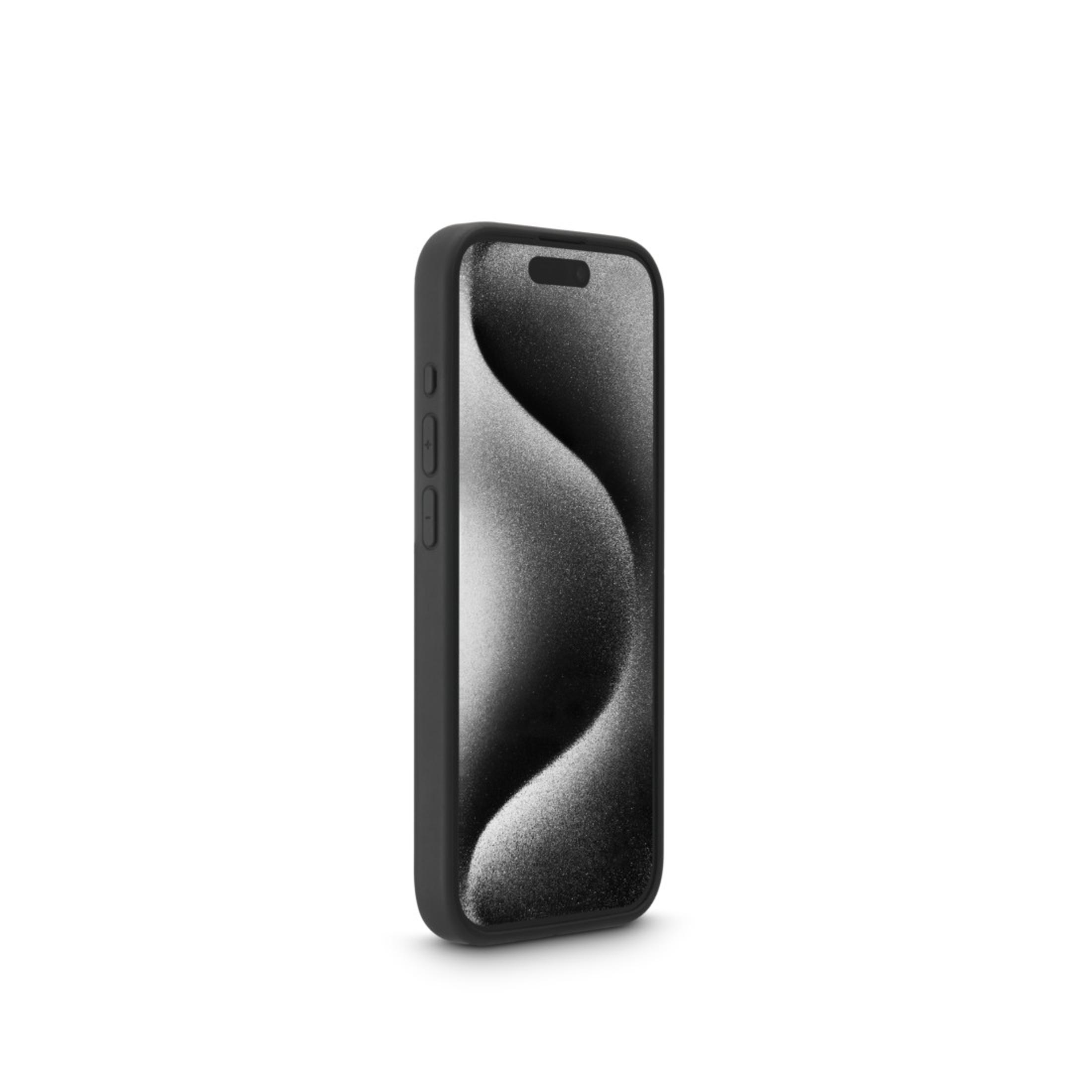 Uno smartphone nero in una custodia nera, che mostra un'immagine in scala di grigi ondulata e strutturata.
