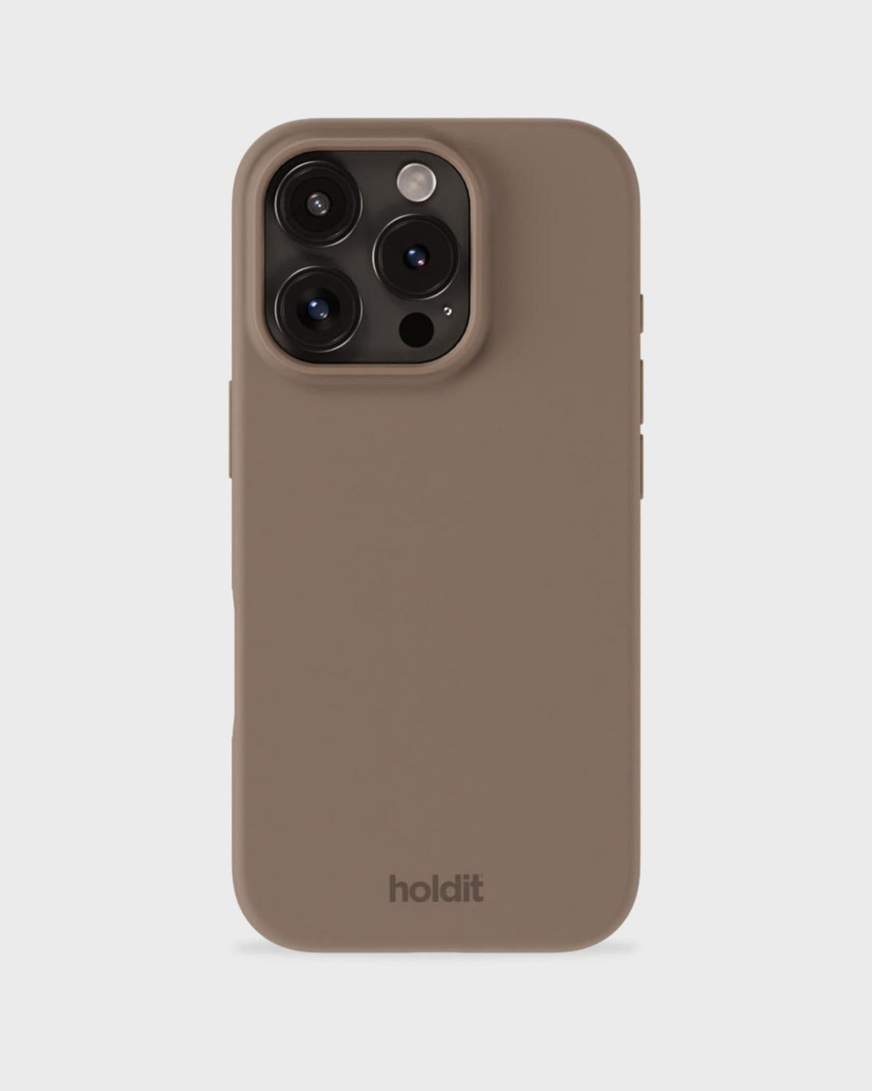Eine braune Handyhülle mit drei Kameraausschnitten und der Marke "holdit" wird angezeigt.