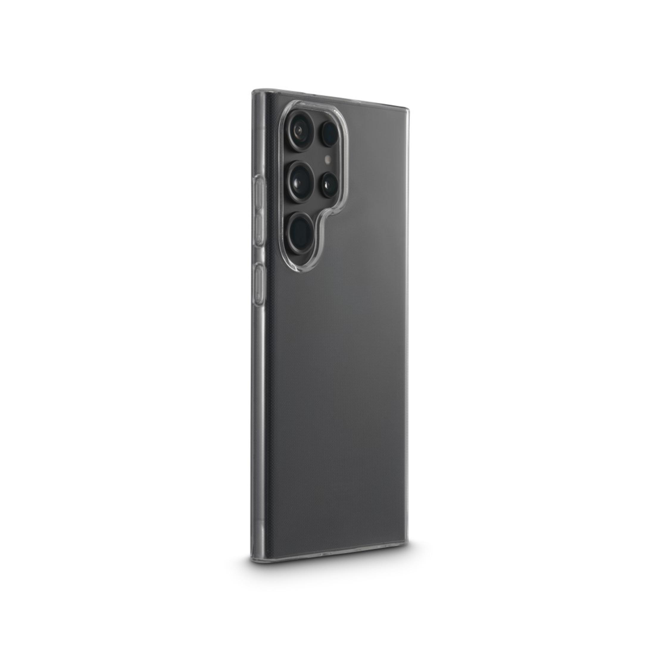 Telefono nero con fotocamere sul retro, custodia trasparente.