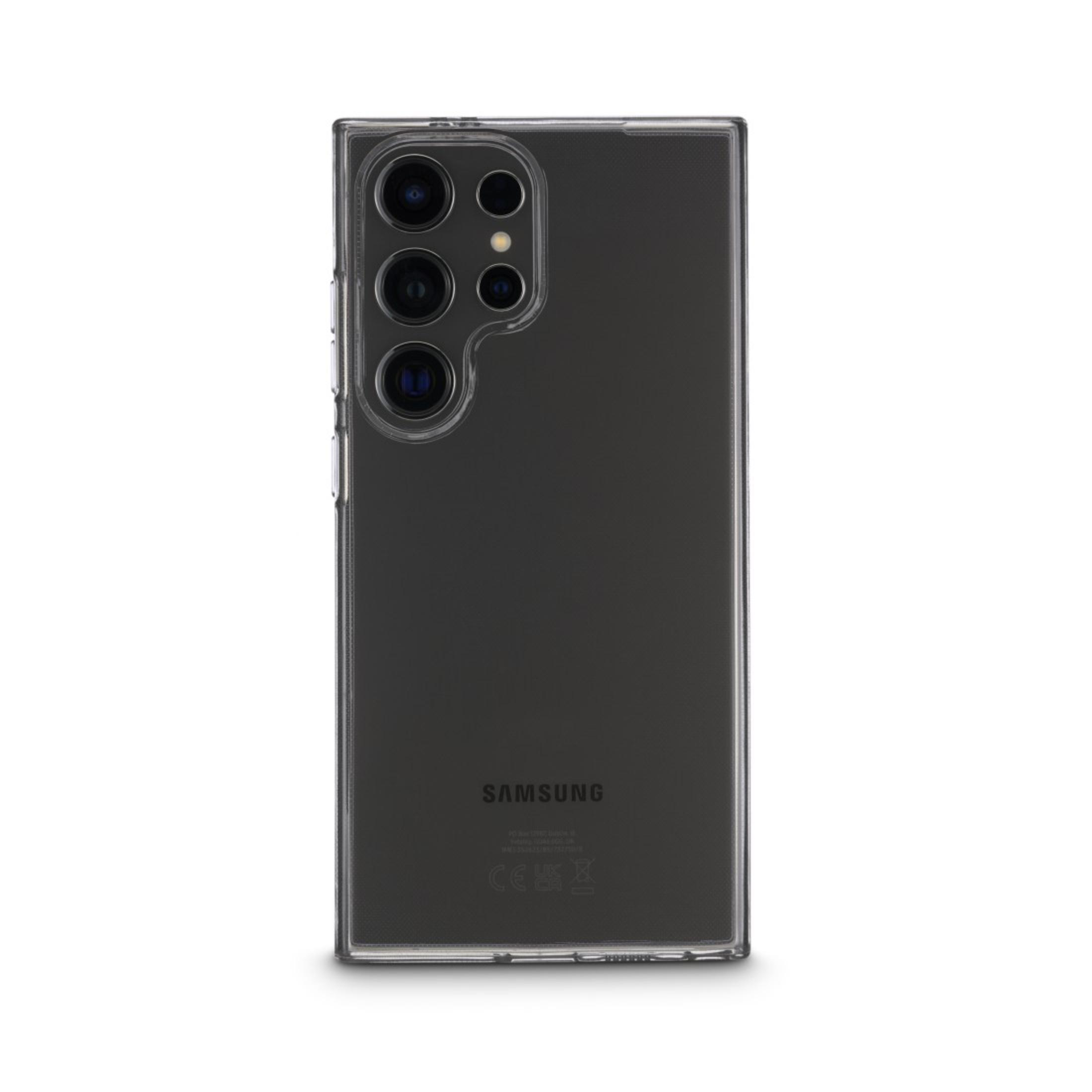 Custodia trasparente su telefono nero. Tre lenti della fotocamera visibili.