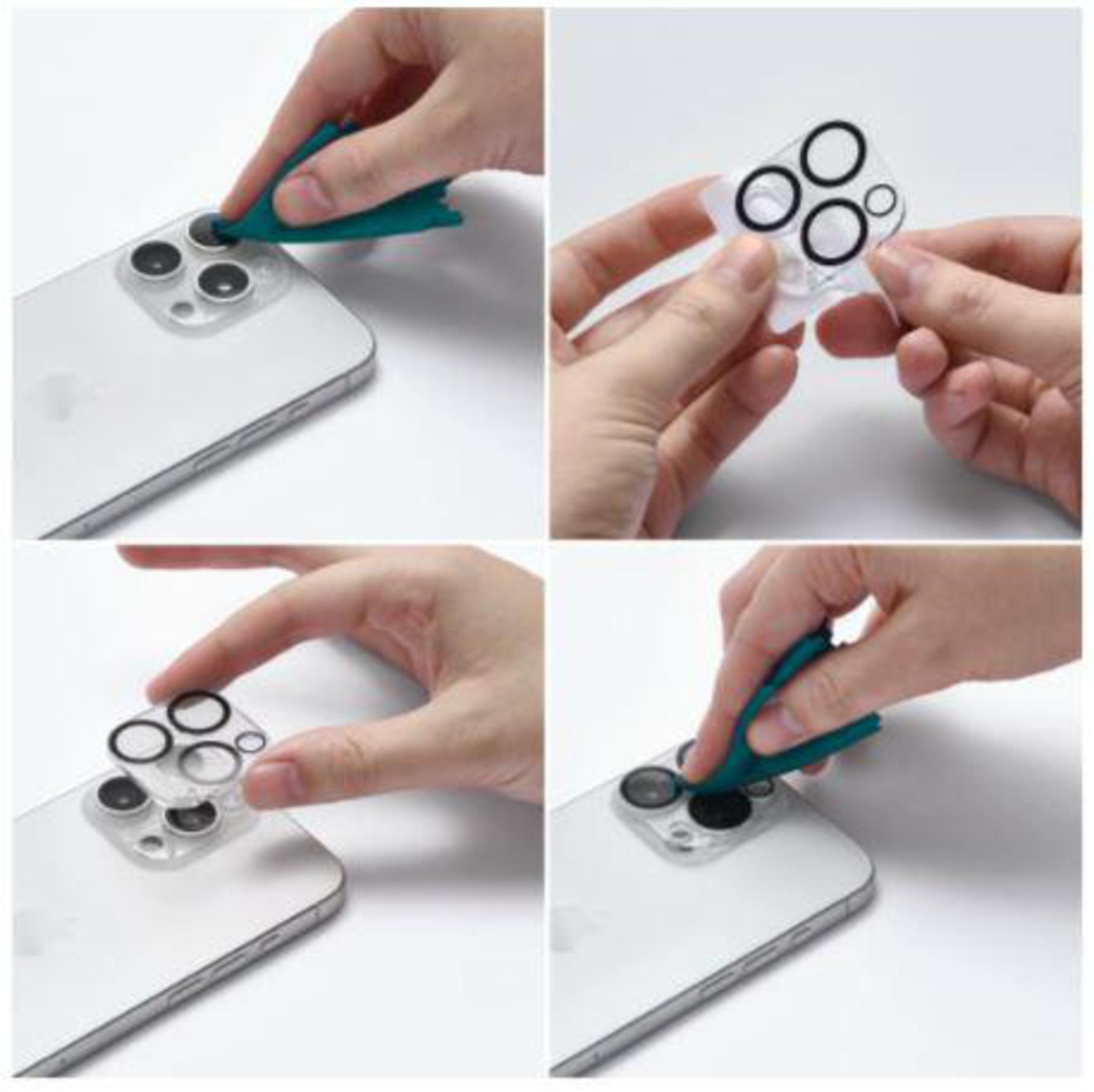 Una serie di immagini che mostrano l'applicazione di una protezione per l'obiettivo della fotocamera su uno smartphone.