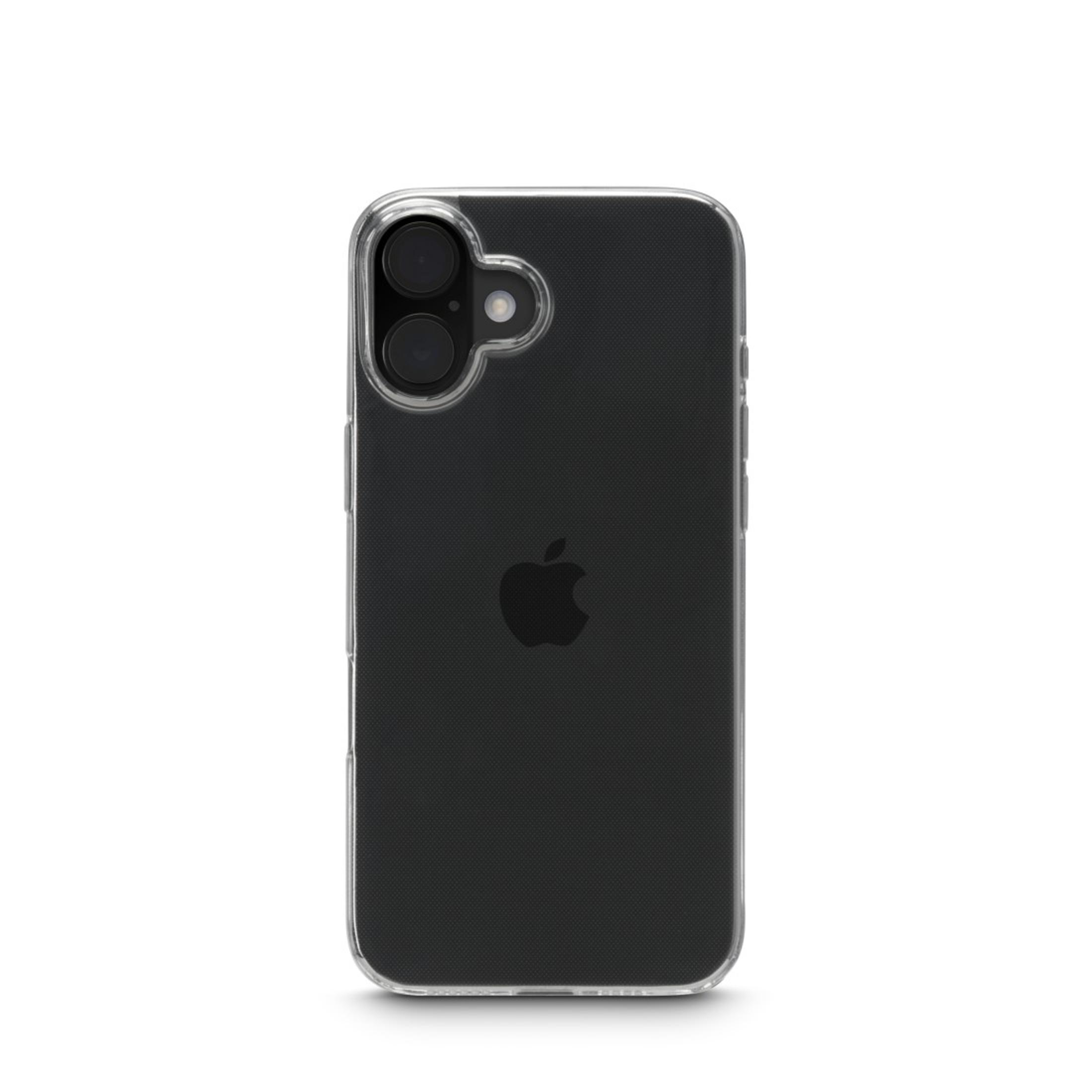 Custodia nera per telefono con bordo trasparente. Il telefono ha 2 fotocamere posteriori.