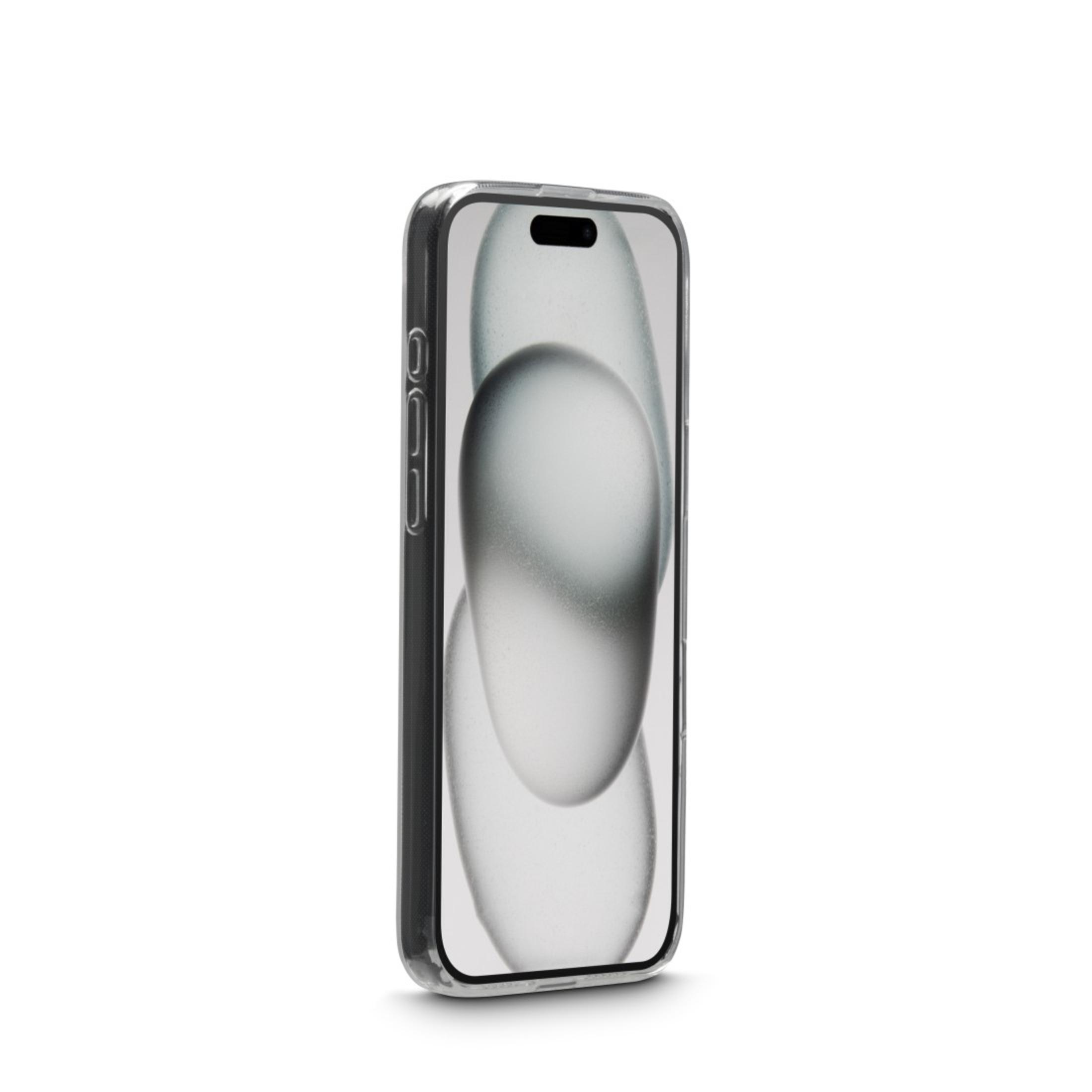 Un telefono con una custodia trasparente, che mostra un design sfocato e astratto.