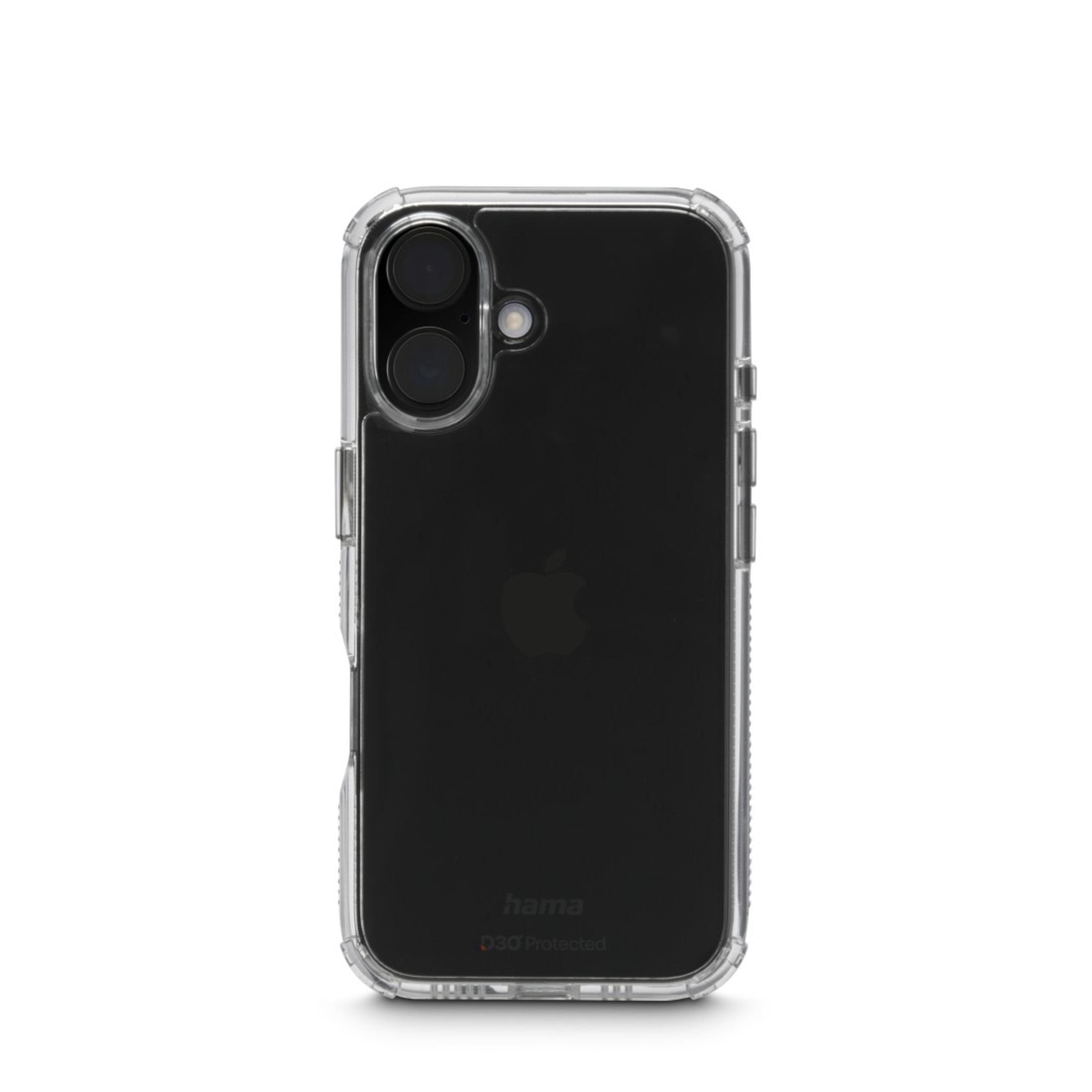 Una custodia trasparente per telefono con un telefono nero all'interno. La custodia è protettiva e ha un logo.