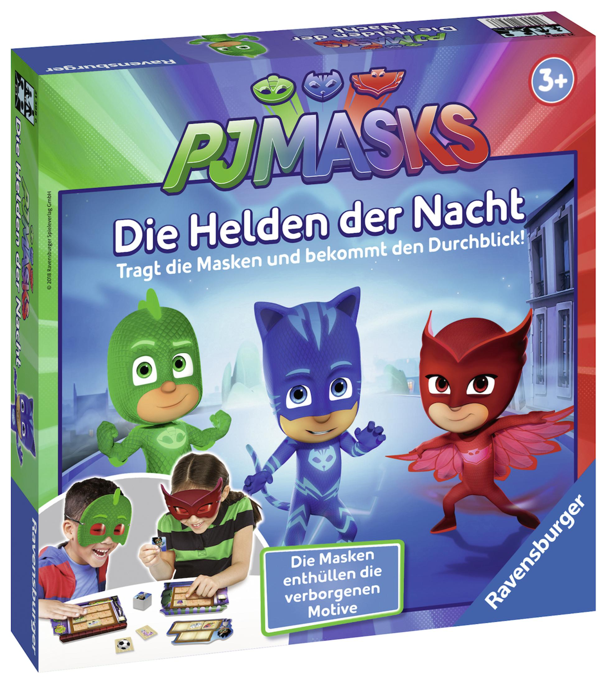 Schachtel zeigt PJ Masks und spielende Kinder. Die Schachtel hat einen grünen Hintergrund.