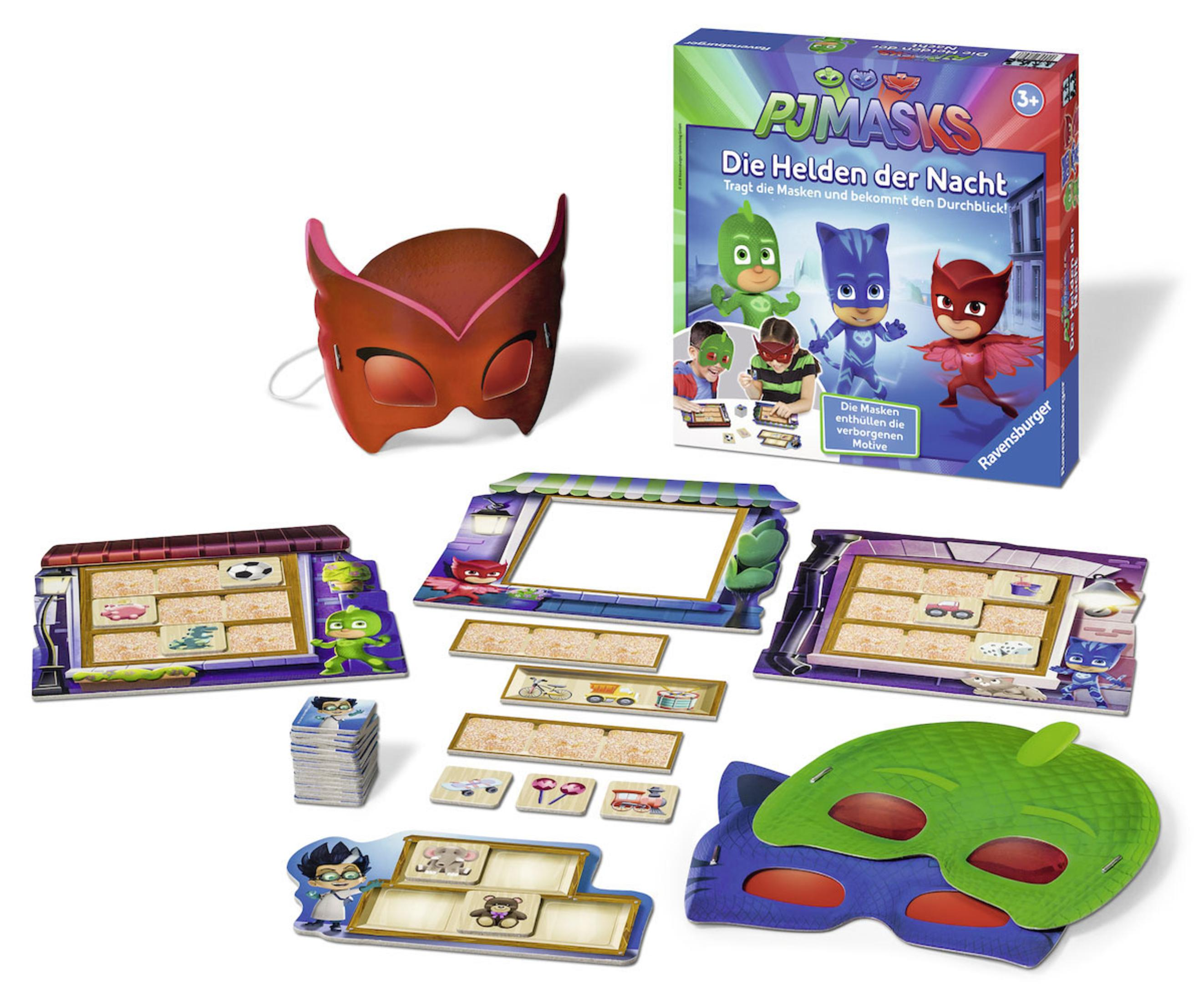 PJ Masks Spielset mit Masken, Spielbrett und Karten. Verschiedene Farben, Charaktere und Spielteile sind sichtbar.