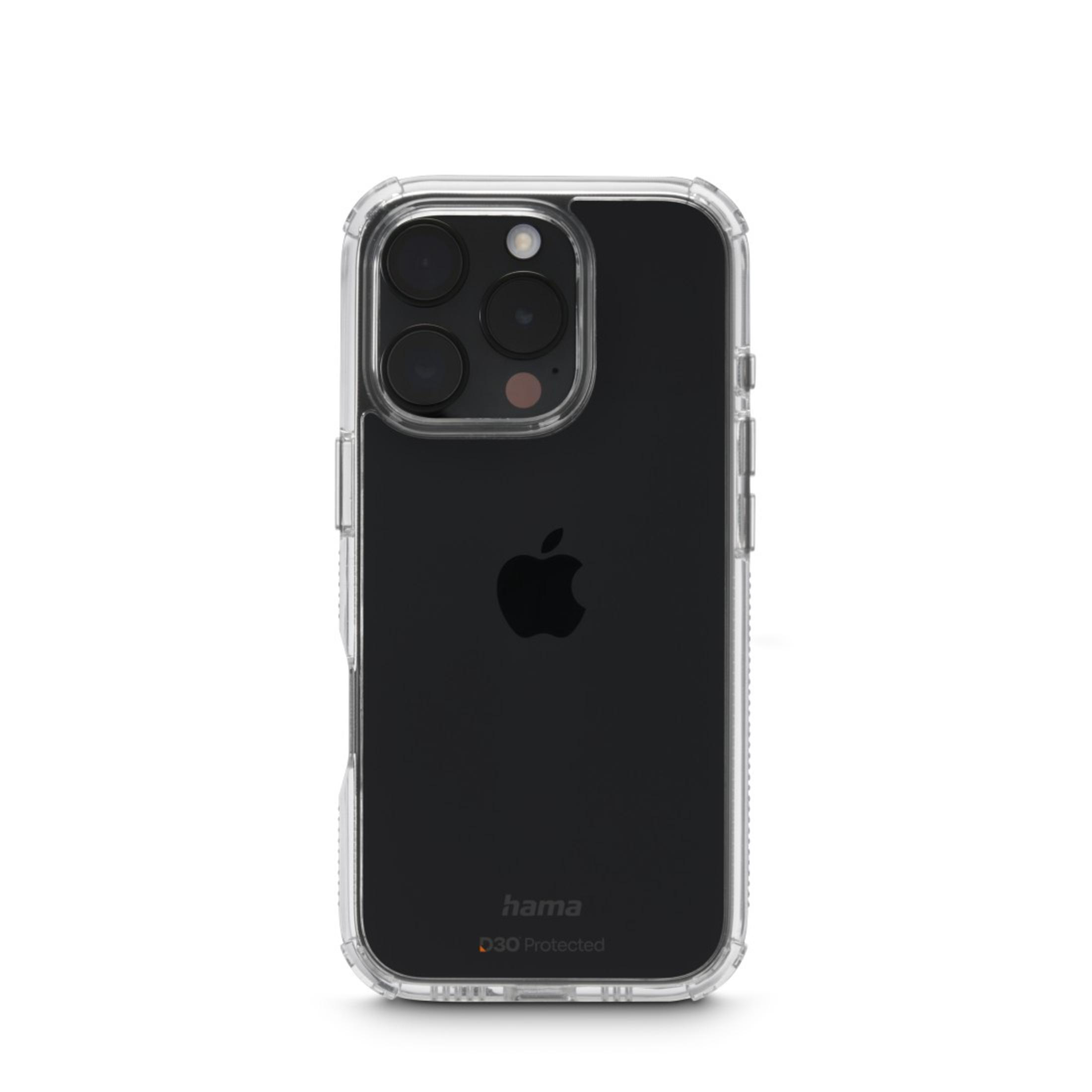 Un telefono in una custodia protettiva trasparente con il logo Apple. Sfondo bianco.