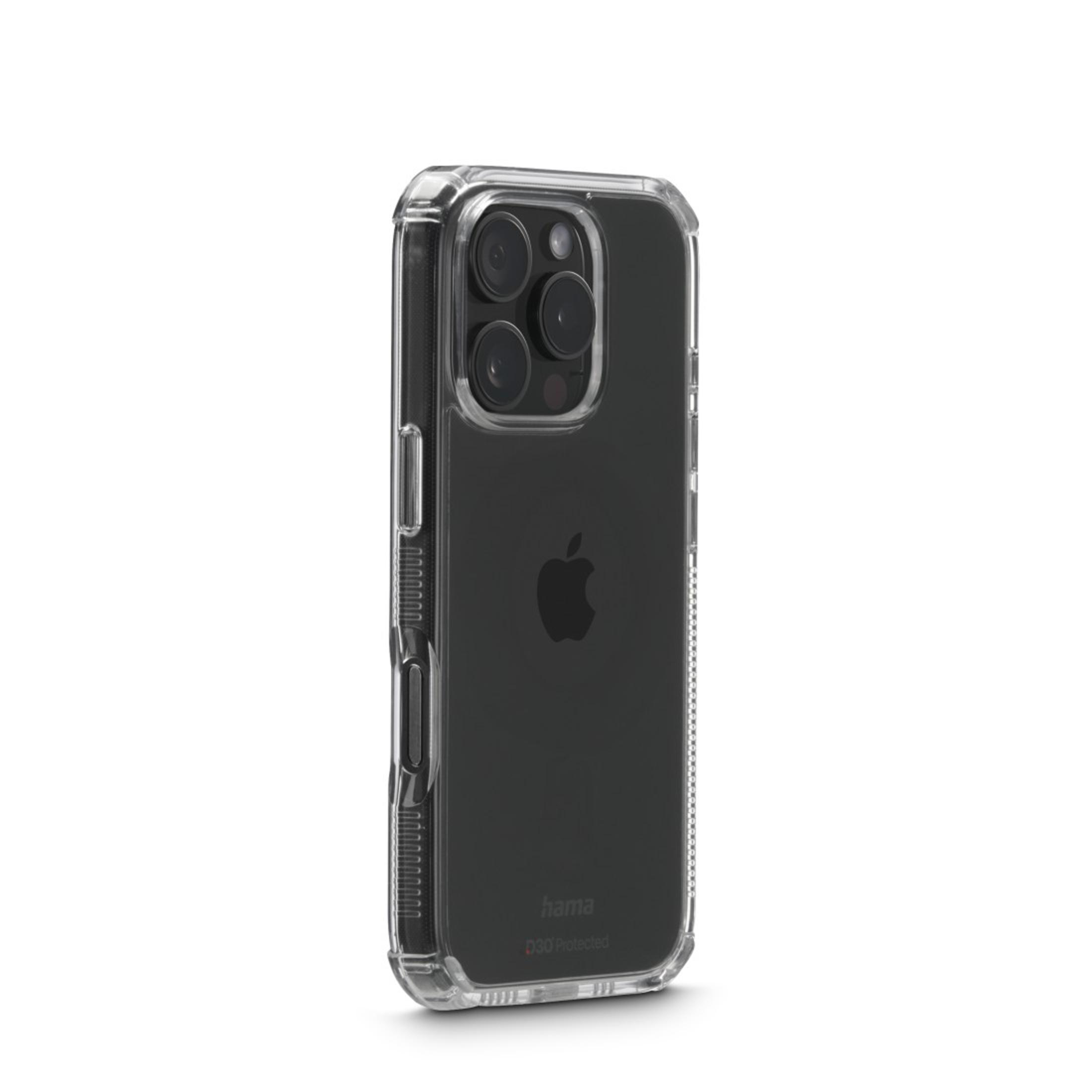 Custodia nera per iPhone con retro trasparente. La custodia ha un telaio nero.