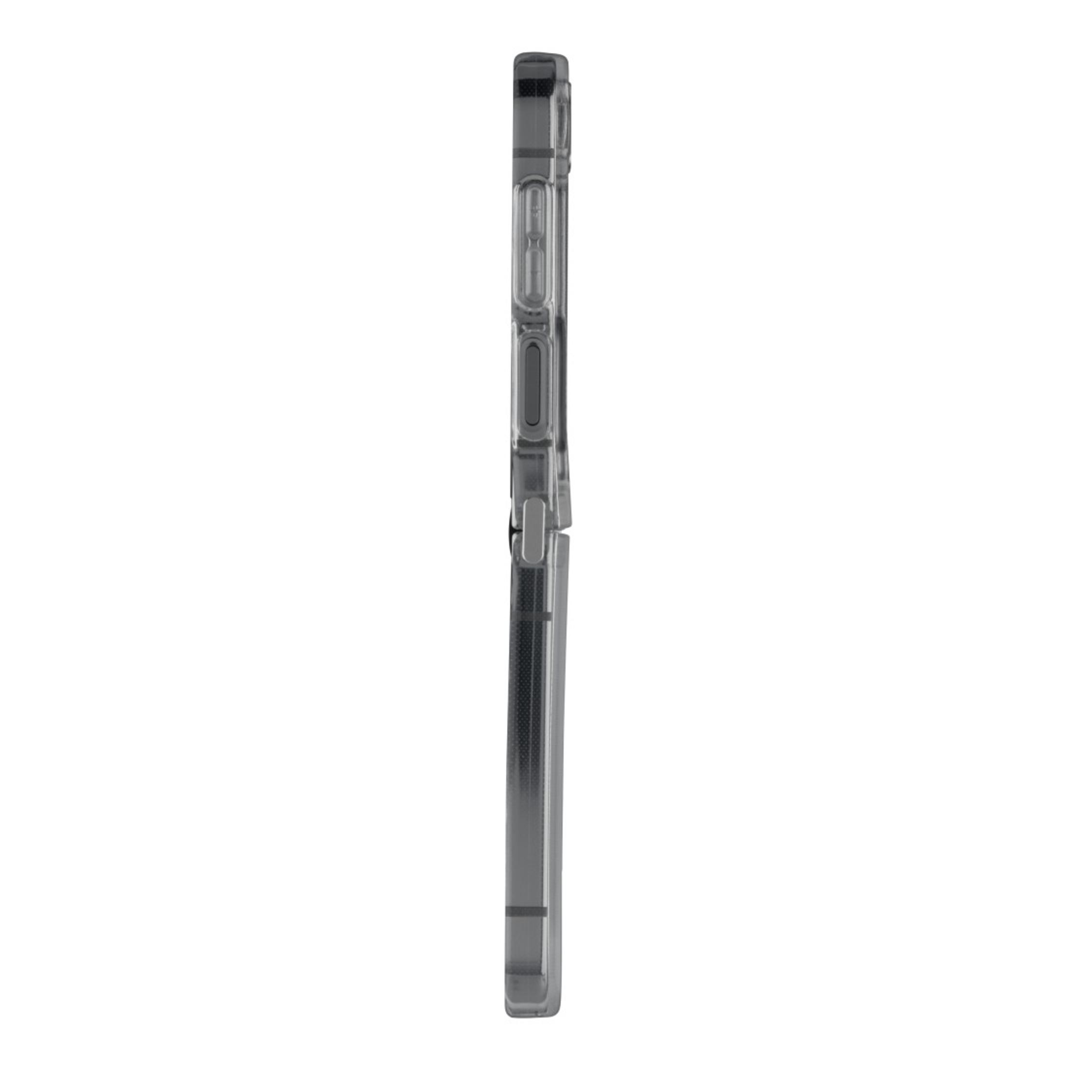 Coque de téléphone transparente montrant le profil latéral d'un téléphone avec des boutons, sur fond blanc.