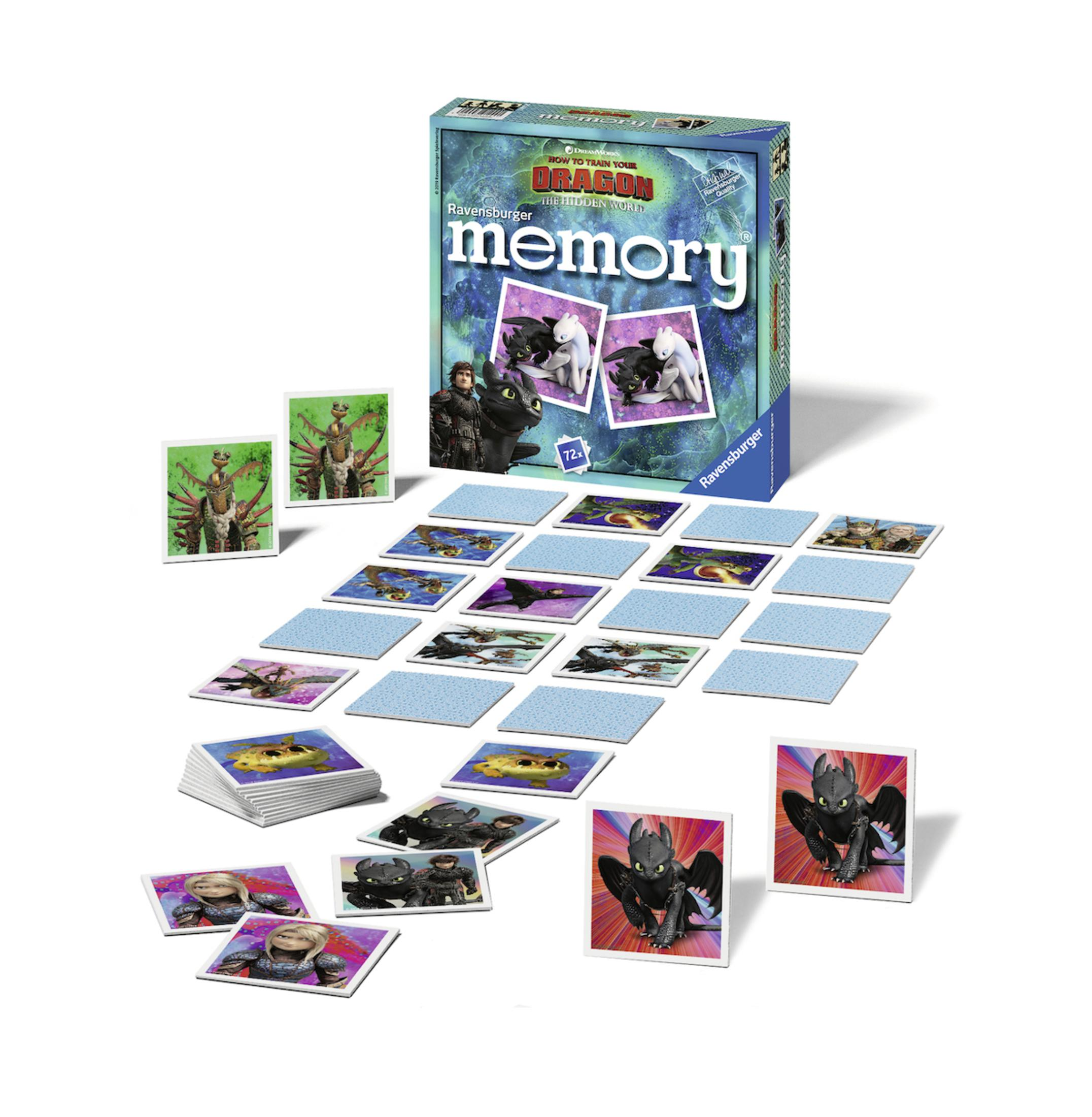Ein Memory-Spielkarton mit Karten mit Zeichentrickdrachen.