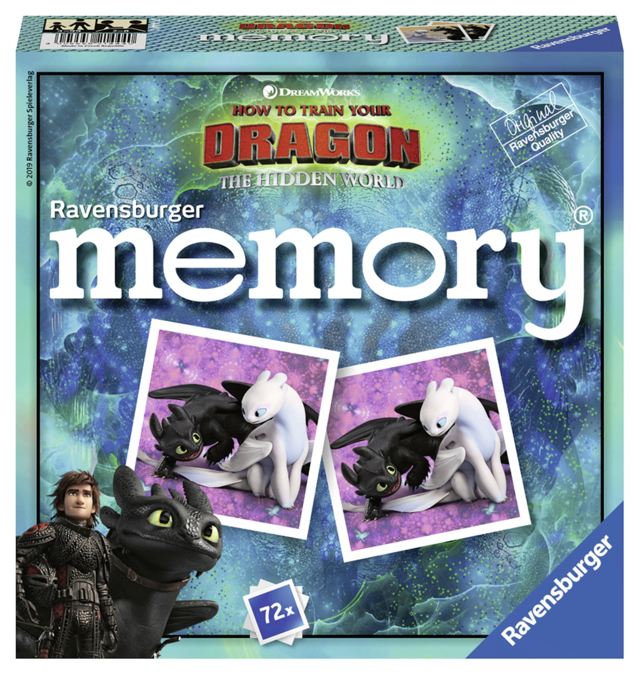 Eine Brettspielbox mit dem Thema Drachenzähmen leicht gemacht, mit Charakteren und Spielsteinen.