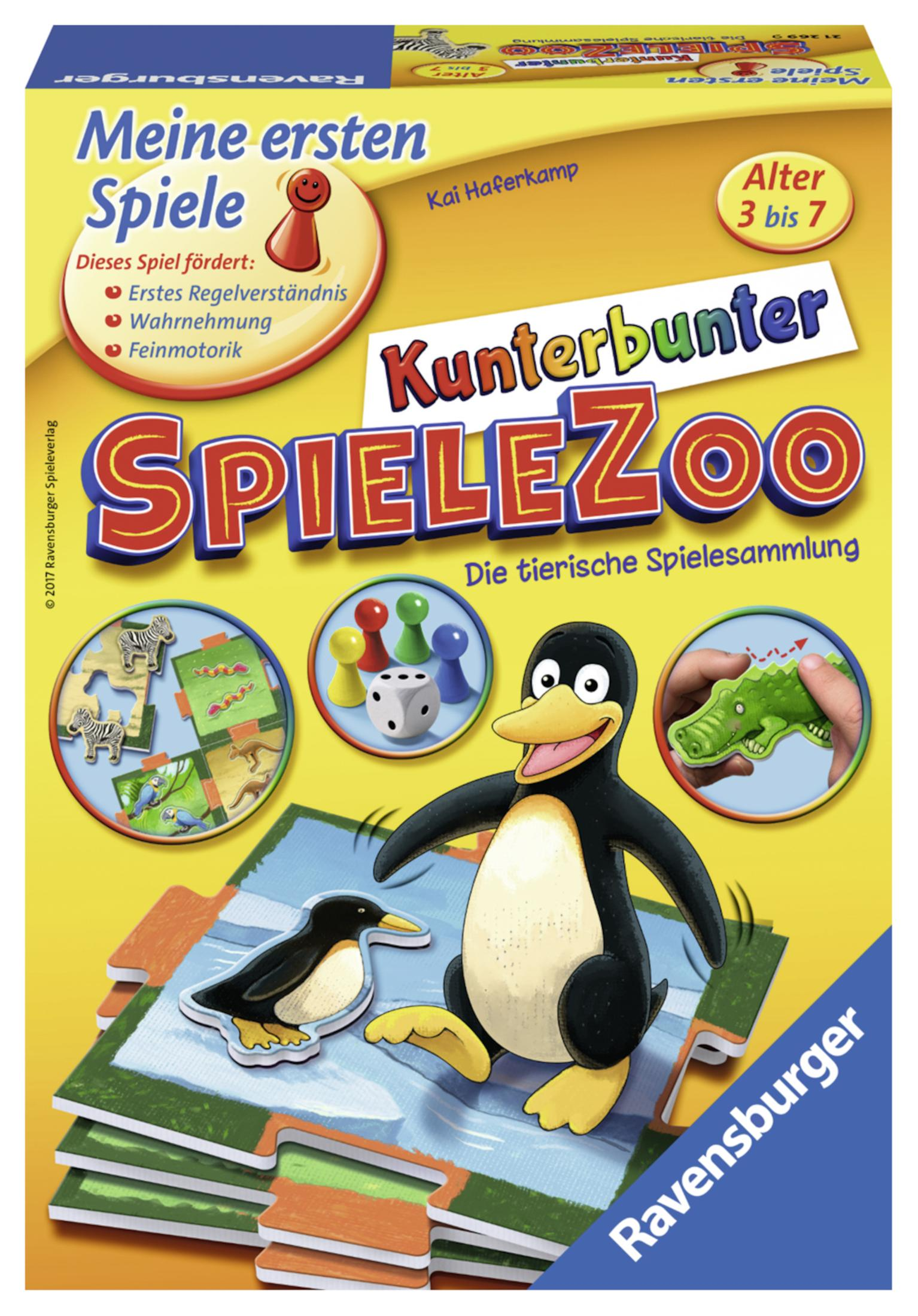 Puzzleschachtel mit Pinguin und Krokodil. Text auf Deutsch.