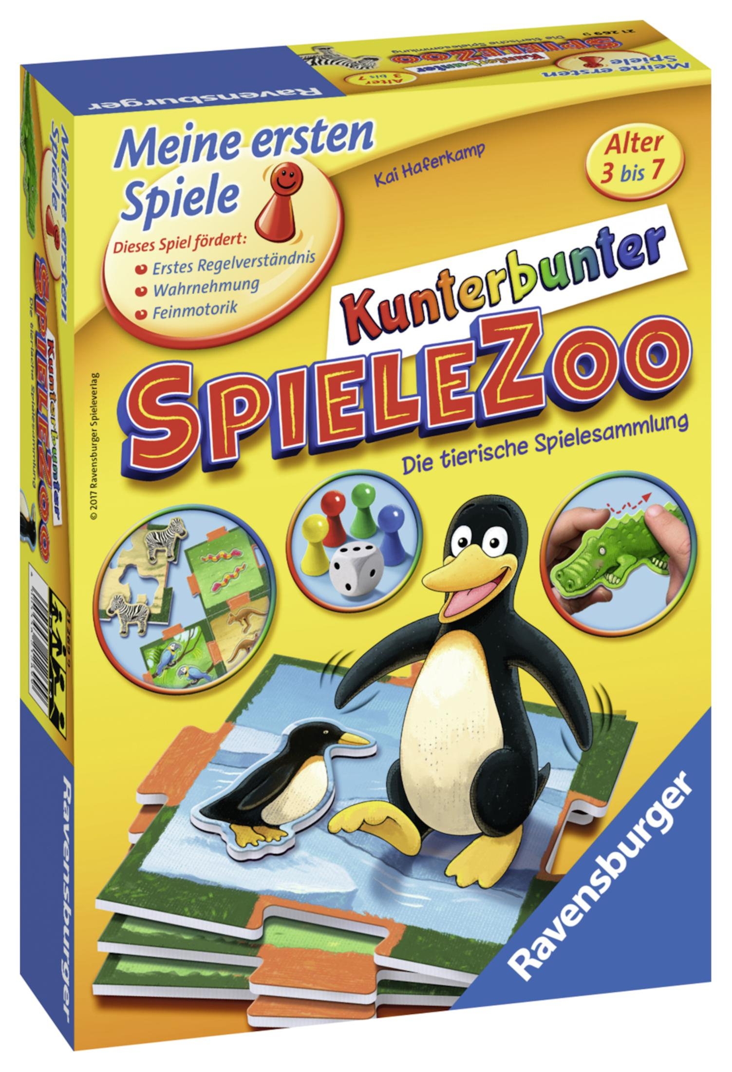 Schachtel eines Brettspiels mit Pinguin-Illustration und bunten Spielsteinen. Weißer Hintergrund.