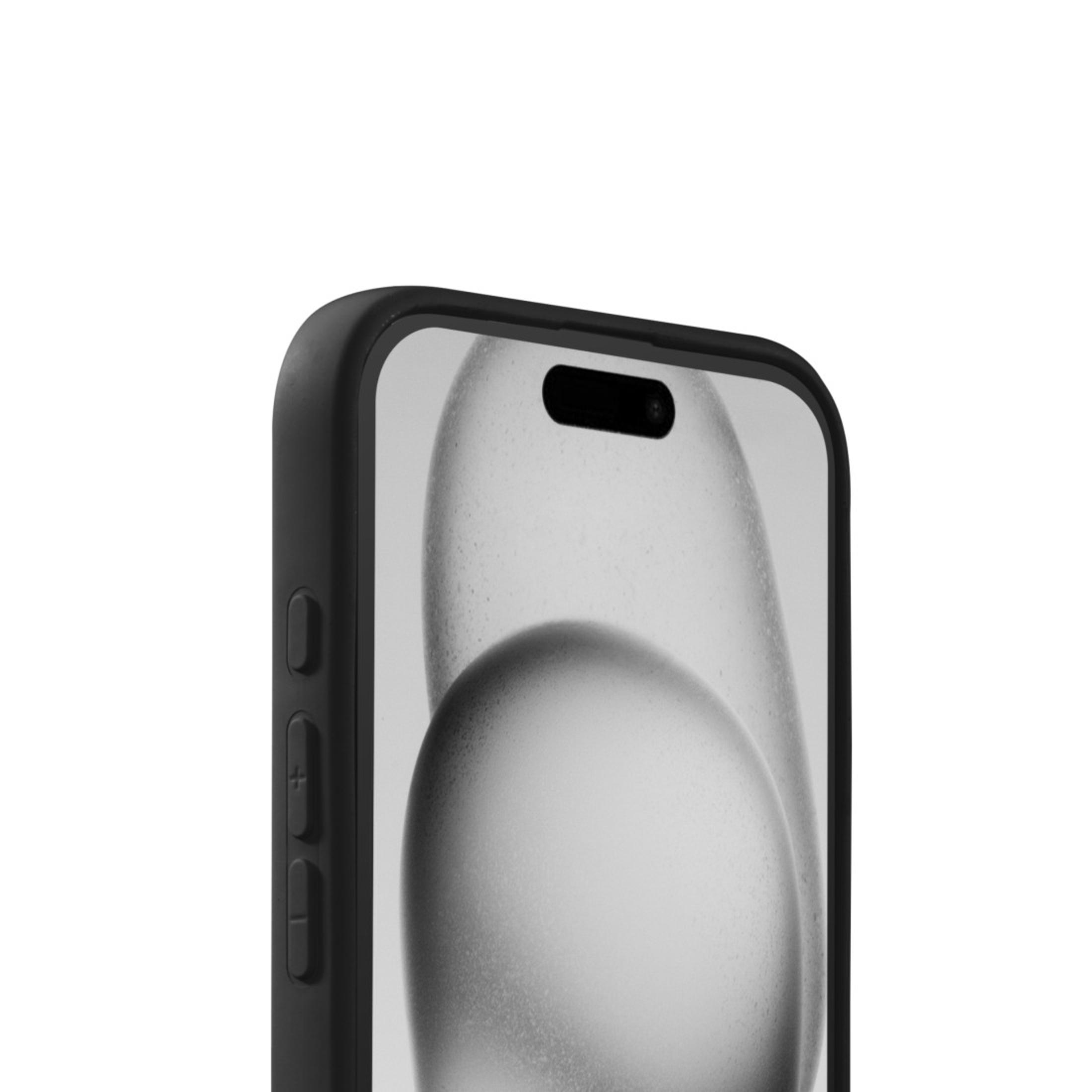 Primo piano di uno smartphone con custodia nera. Lo schermo mostra un'immagine astratta sfocata, i pulsanti sono visibili.