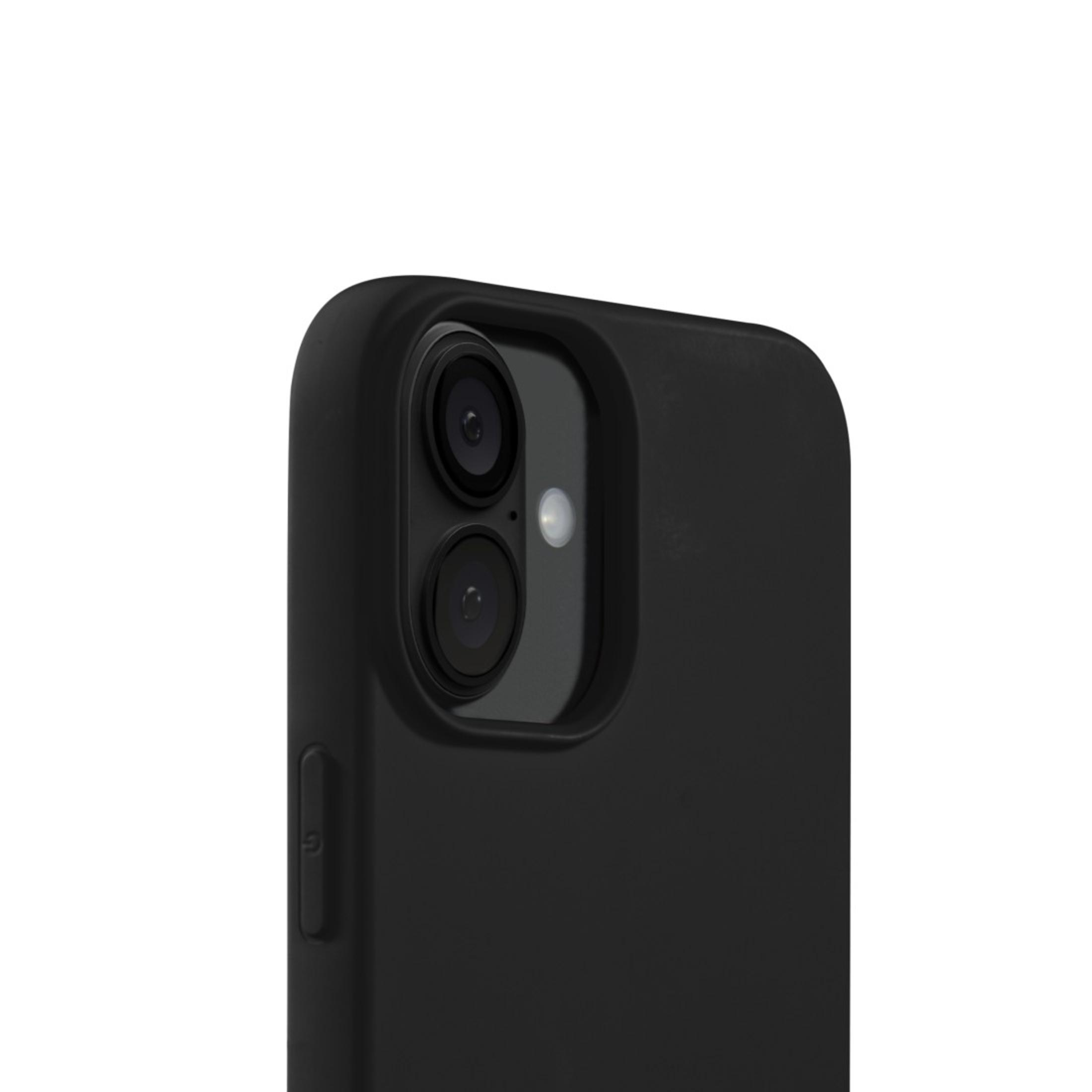 Telefono nero con lenti della fotocamera su sfondo bianco. Il telefono è visto da dietro.