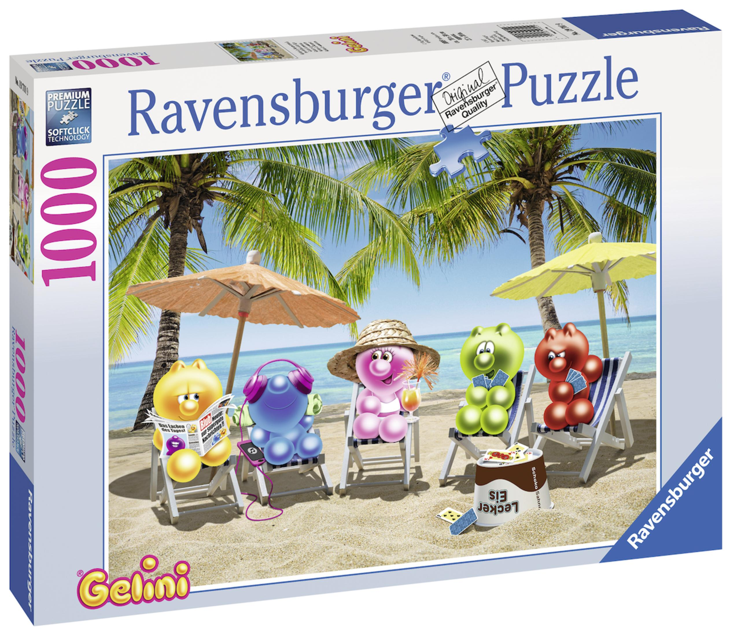 Eine Puzzleschachtel mit einer Strandszene: Cartoon-Tiere in Strandkörben unter Sonnenschirmen. Palmen und Meer im Hintergrund.