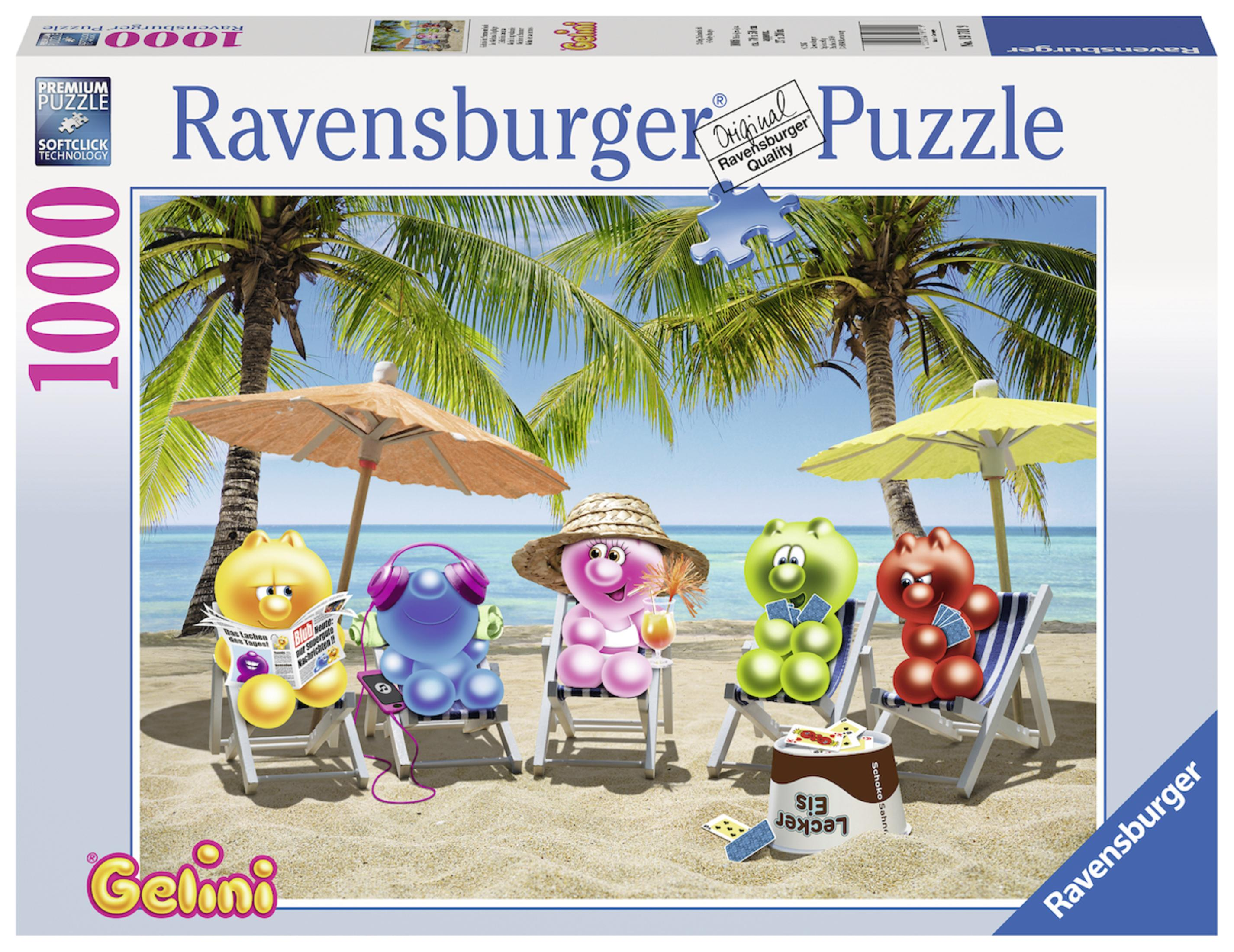 1000-teiliges Puzzle mit Cartoon-Bären am Strand unter Sonnenschirmen, Palmen und Meer.